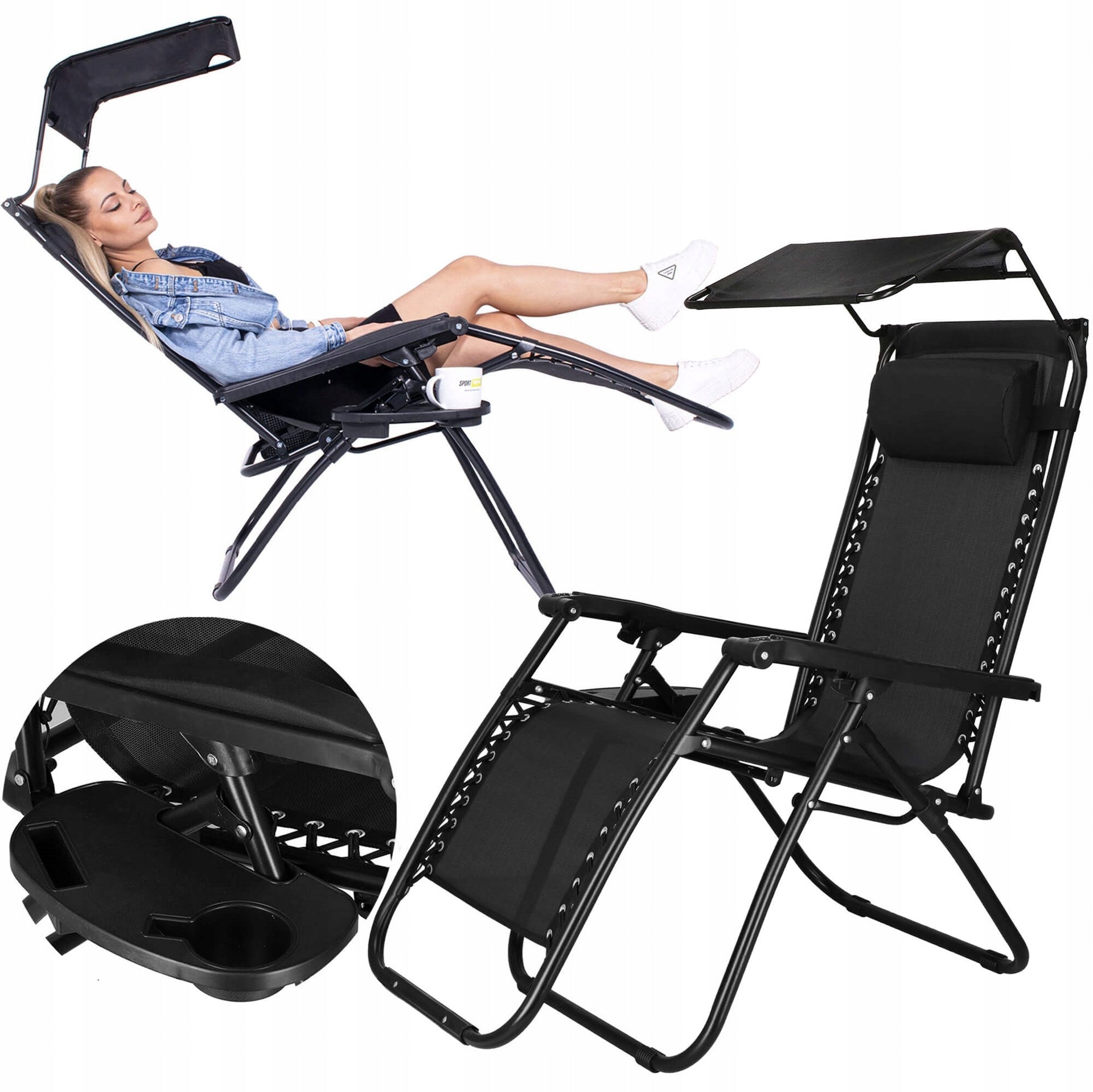 2x BEACH LOUNGER WITH VISOR FOLDING BEACH LOUNGERS GRAVITY ARMCHAIR Length (longer side) 175 cm