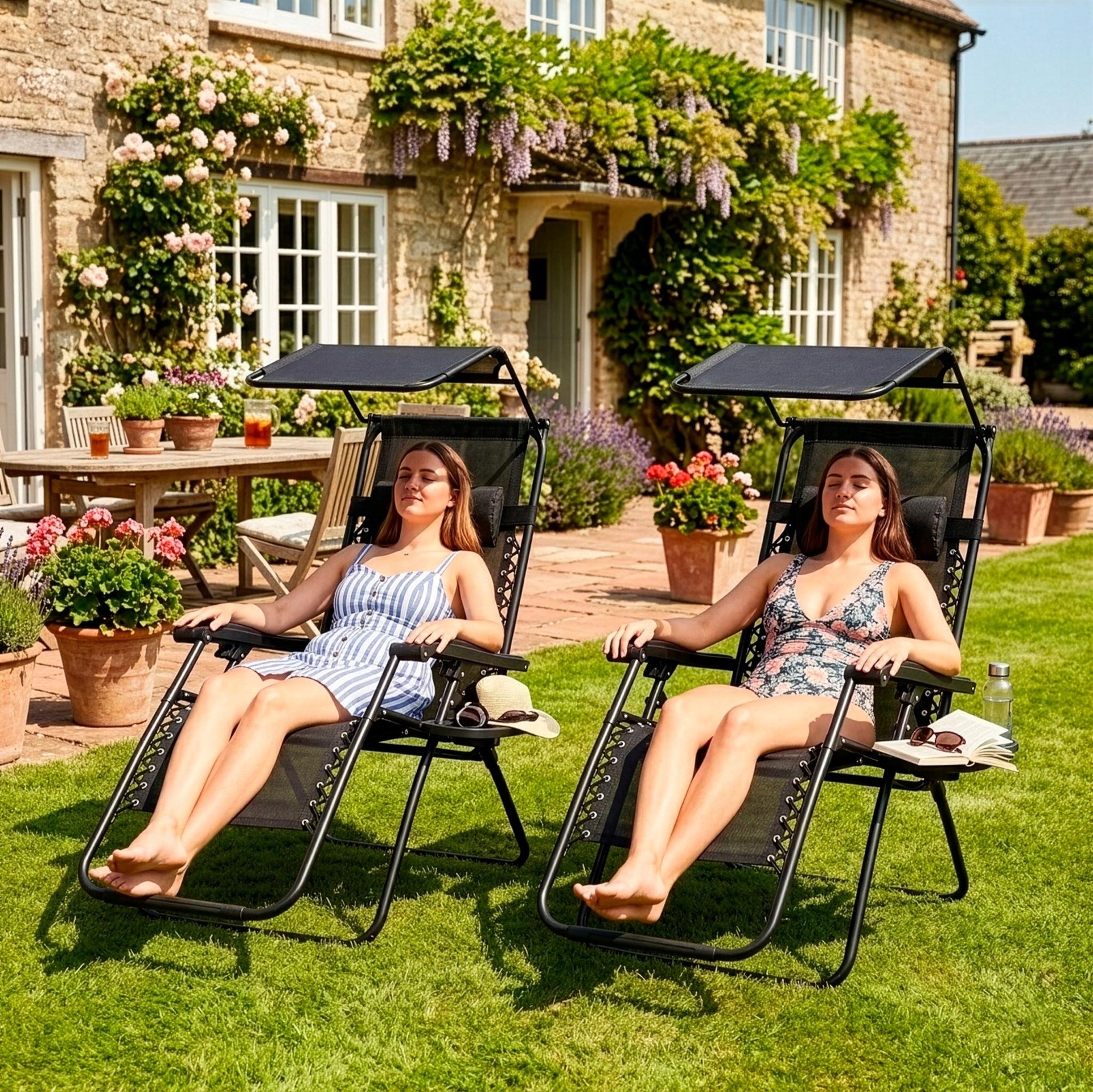 2x BEACH LOUNGER WITH VISOR FOLDING BEACH LOUNGERS GRAVITY ARMCHAIR Manufacturer code 2x GC0003