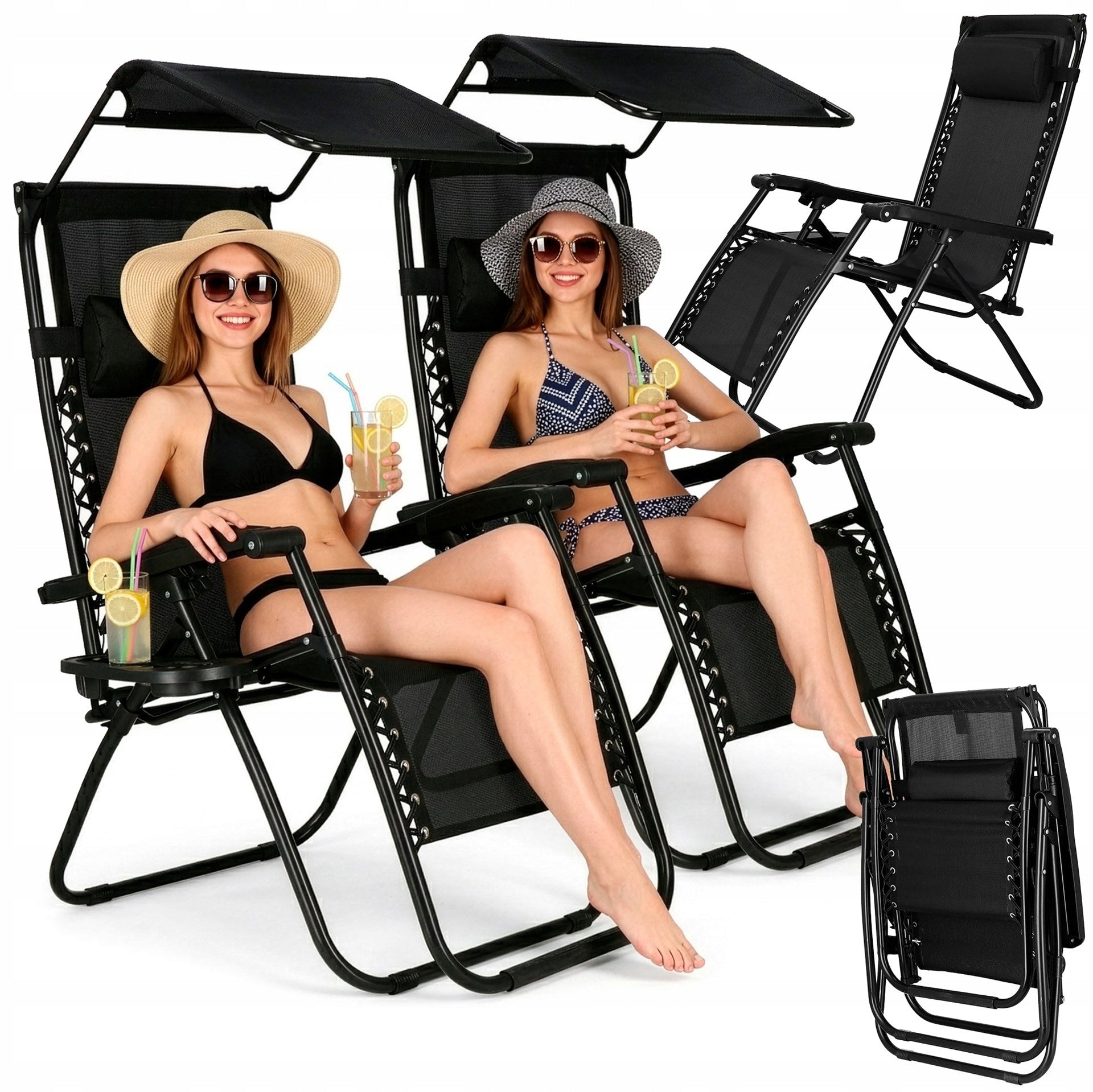 2x BEACH LOUNGER WITH VISOR FOLDING BEACH LOUNGERS GRAVITY ARMCHAIR