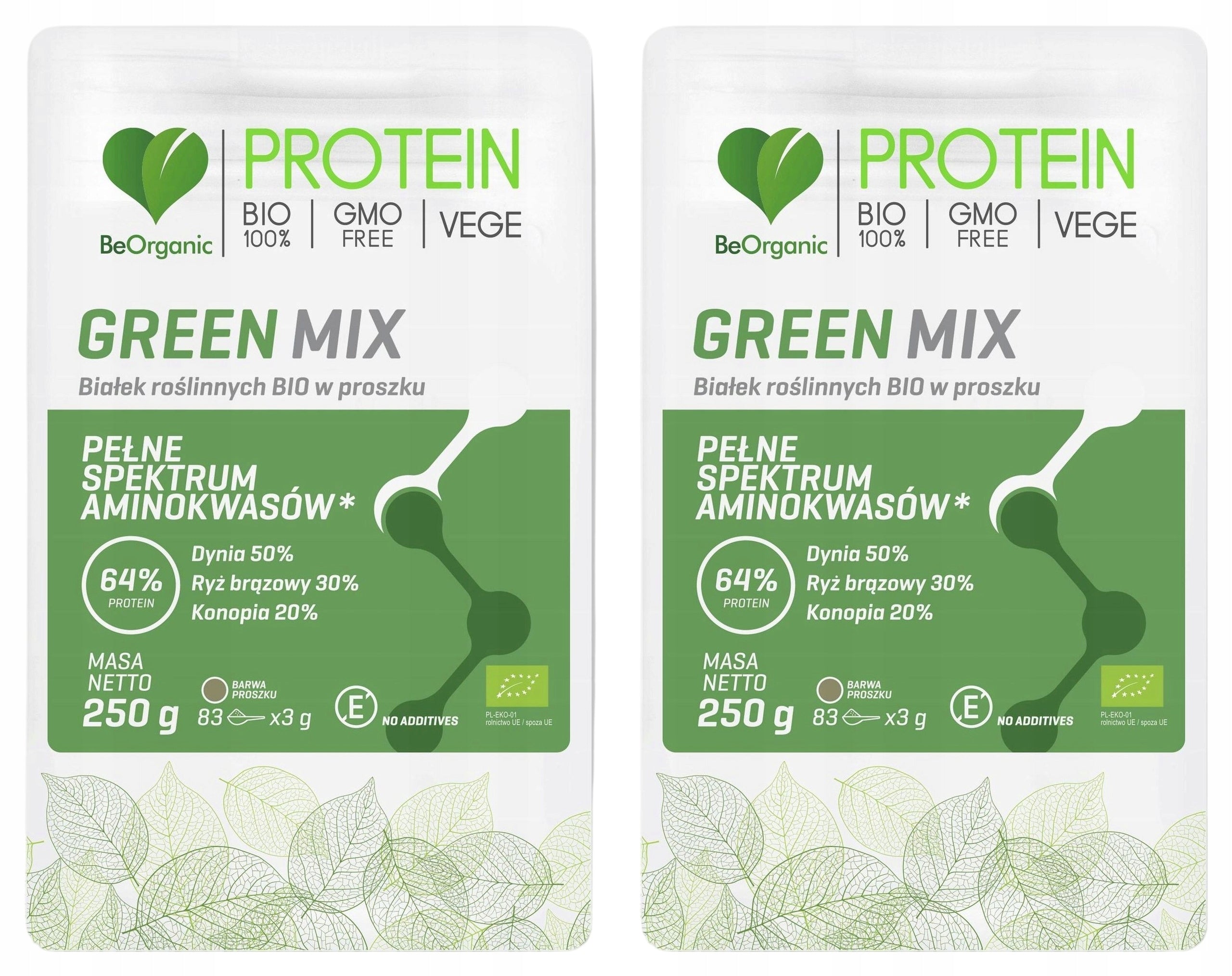 2x BEORGANIC Green MIX Plant Proteins BIO Pumpkin Rice Hemp Vegan 250 g