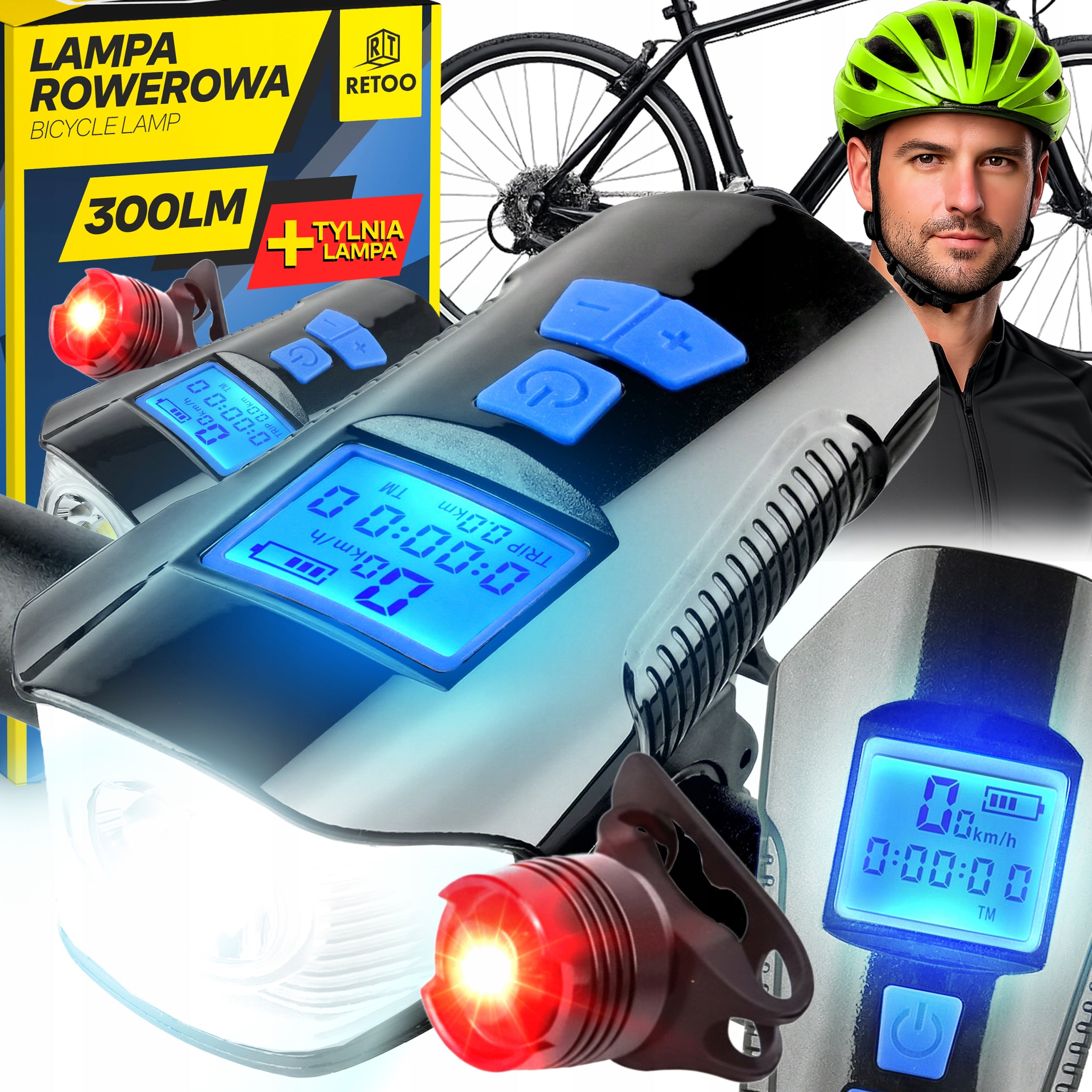 2x BICYCLE LIGHT FRONT+REAR LED COUNTER KM SPEEDOMETER BELL SET