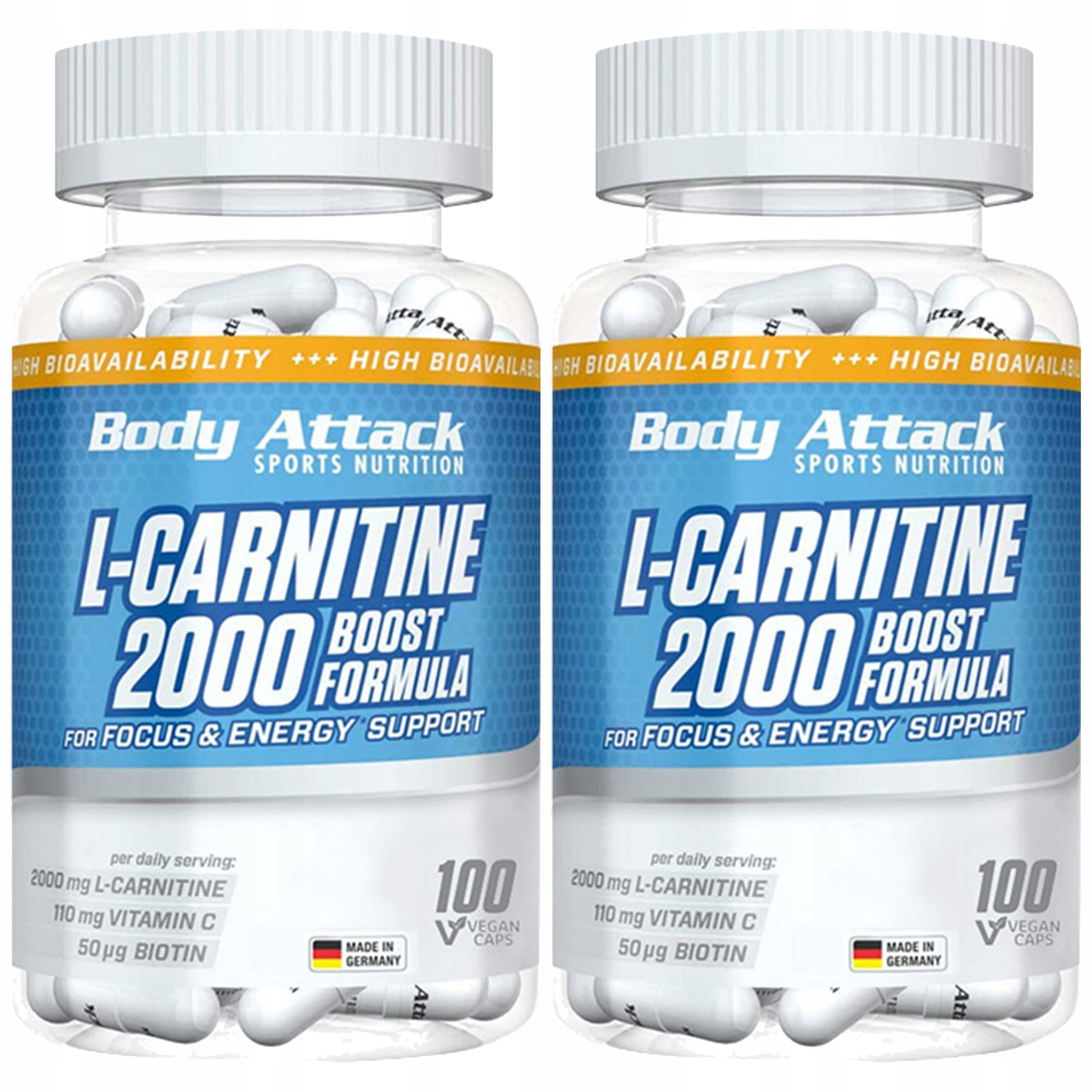 2x BODY ATTACK L-Carnitine 2000 100 capsules POWERFUL FAT BURNER REDUCTION