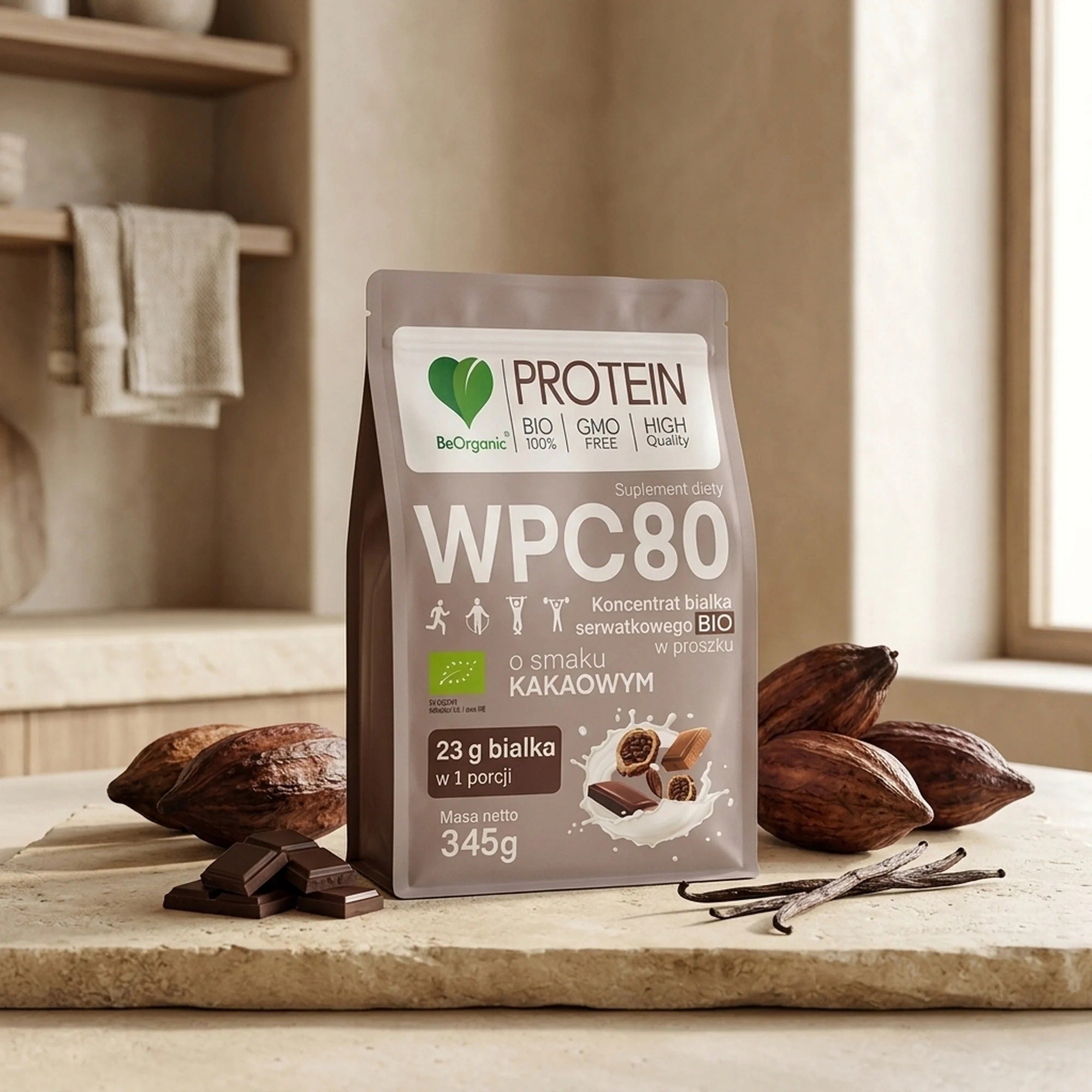 2x BeOrganic Whey Protein WPC 80 Cocoa 345g Packaging status original
