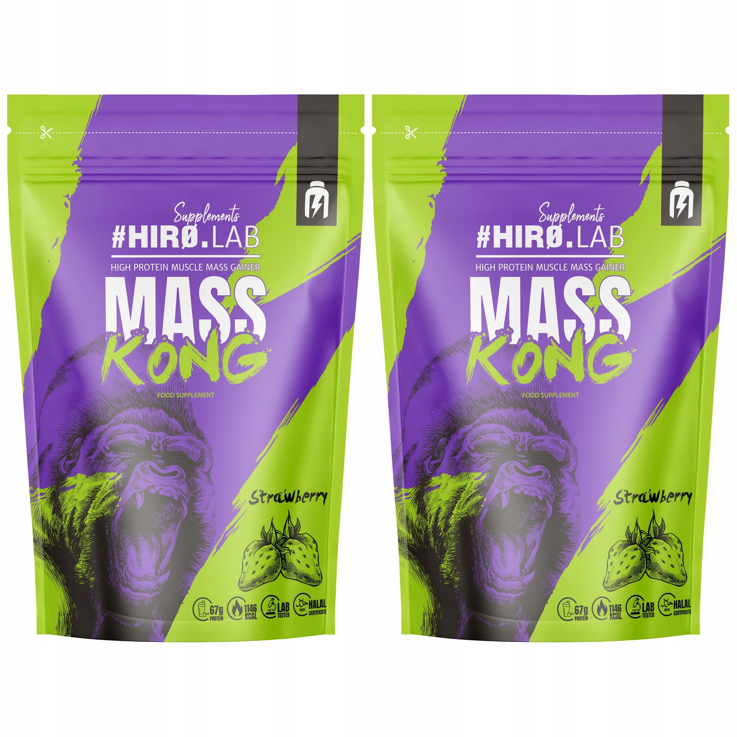 2x GAINER FOR MASS PROTEIN CARBOHYDRATES MASS Strawberry Mass Kong 1000g Hiro