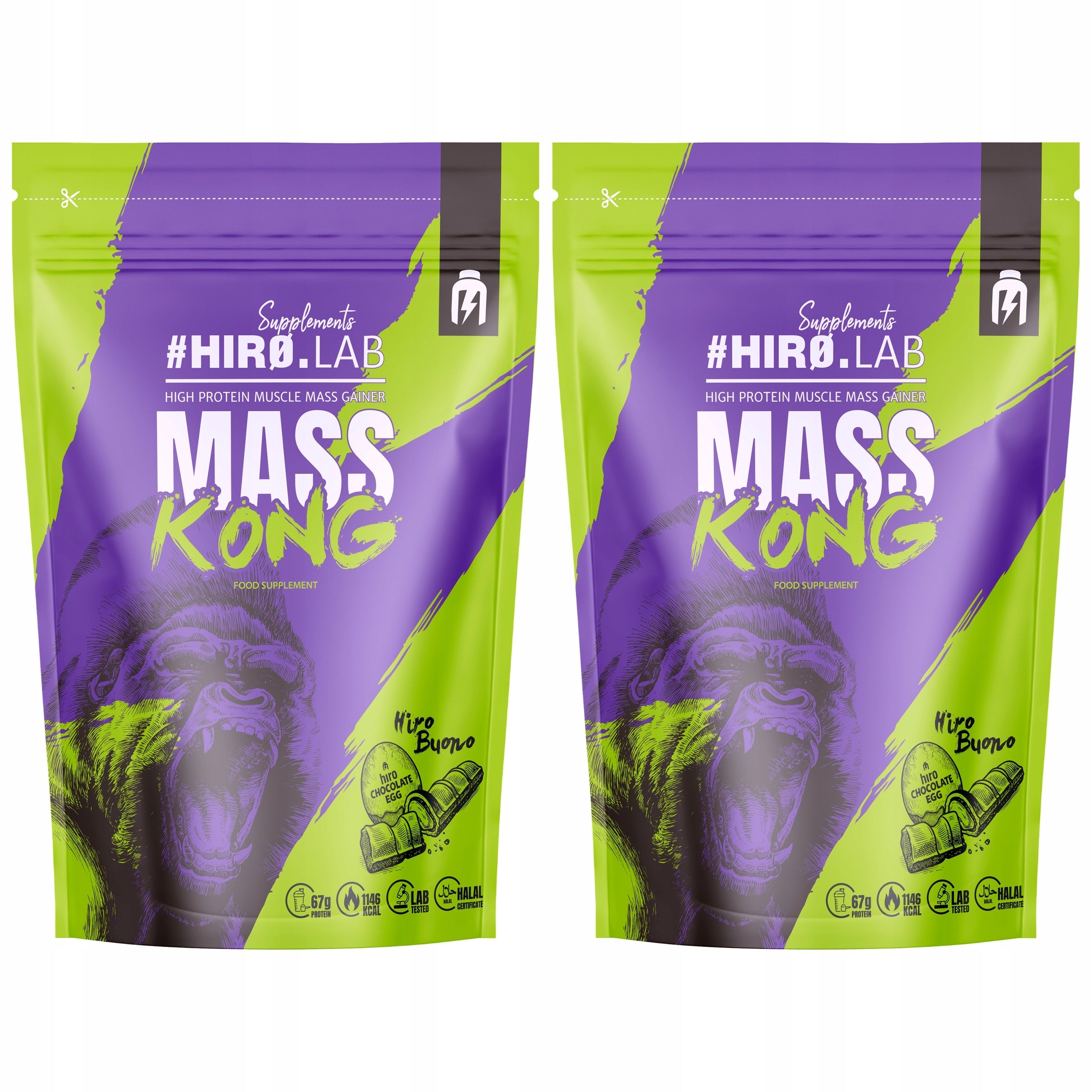 2x Gainer Mass Kong 1000g Muscle Mass Carbohydrates Protein Calories HIRO.LA