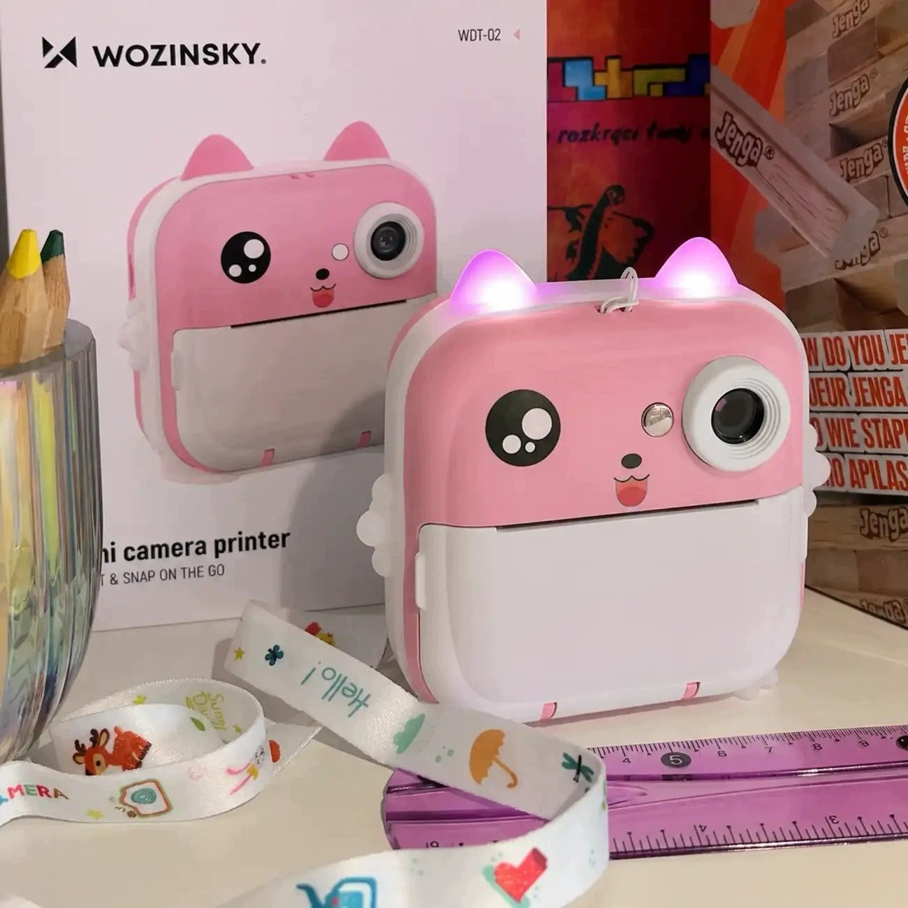 2x Mini Thermal Printer WDT-01 with Camera for Kids - Pink Model Aparat z drukarką termiczną Wozinsky WDT-01 kamera