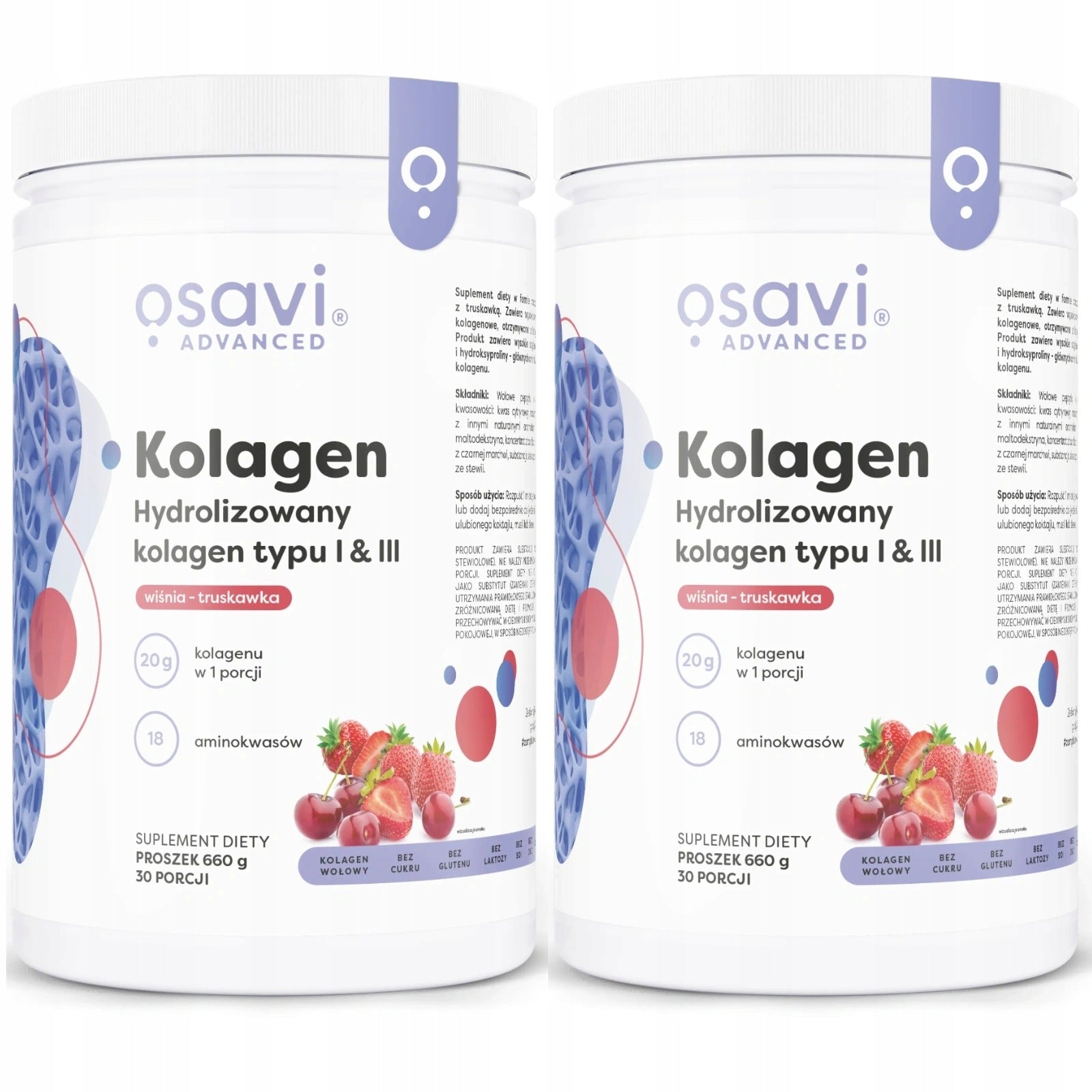 2x Osavi Hydrolyzed Collagen Type I and III Cherry-Strawberry 660g BONES