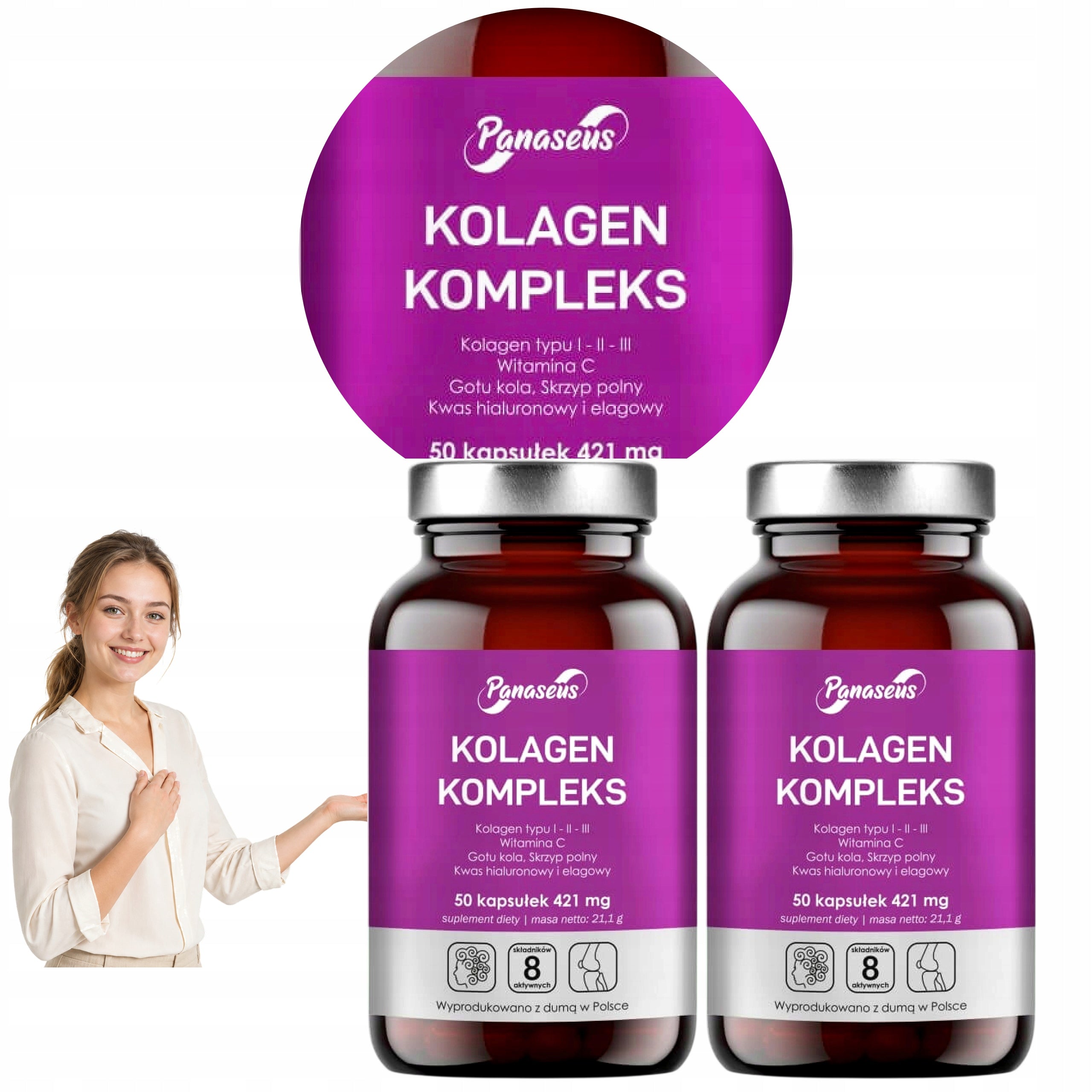 2x PANASEUS COLLAGEN COMPLEX HYALURONIC ACID GOTU KOLA VITAMIN C 50 kaps.