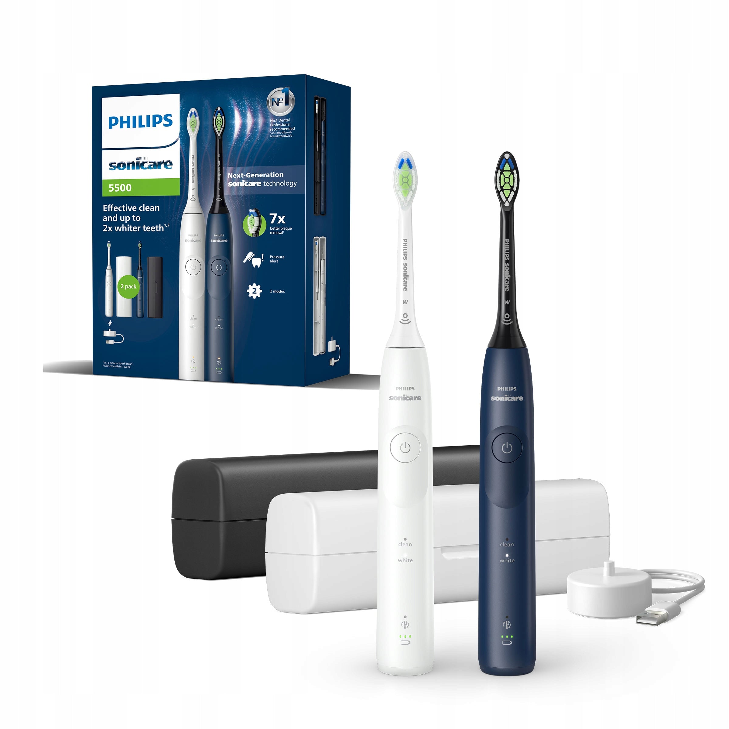 2x Philips Sonicare 5500 sonic toothbrush white navy blue set HX7119/01