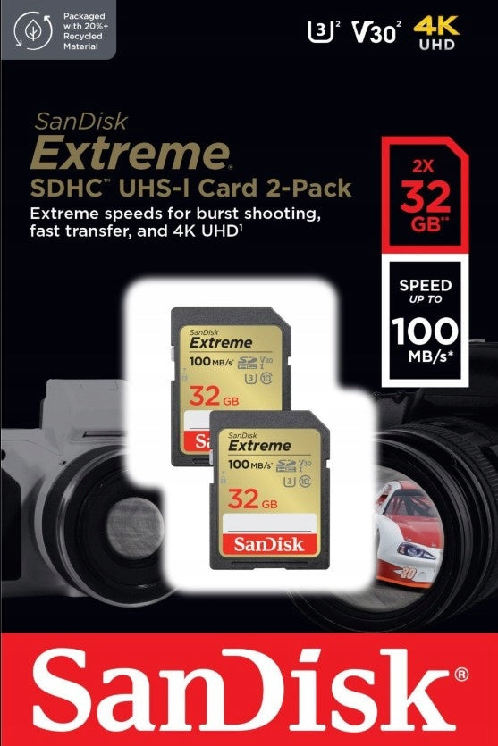 2x SANDISK 32GB SD SDHC Class 10 EXTREME UHS U3 V30 Memory Cards 2-Pack