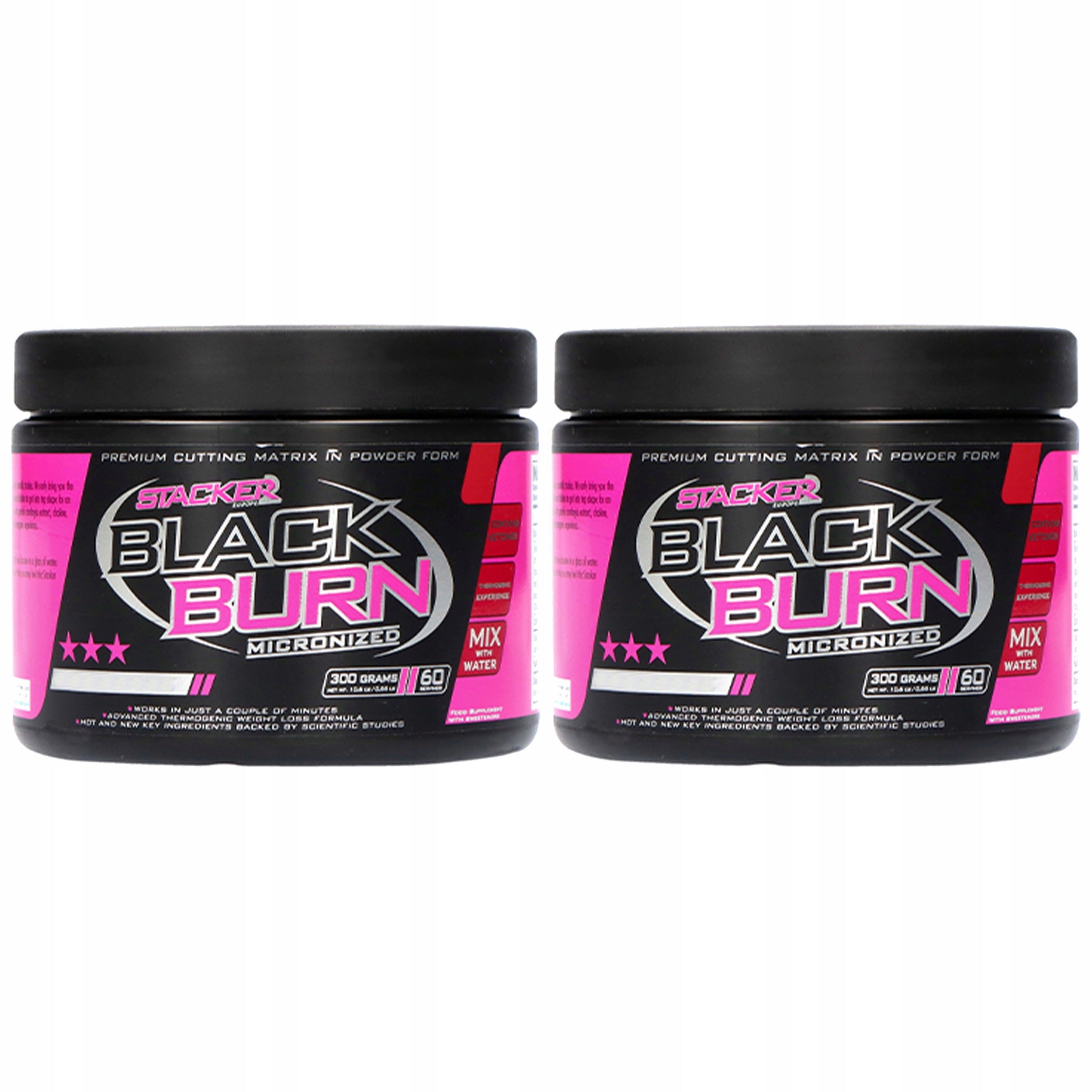 2x STACKER2 Black Burn 300g Fat Burner Raspberry Extract Caffeine 300mg