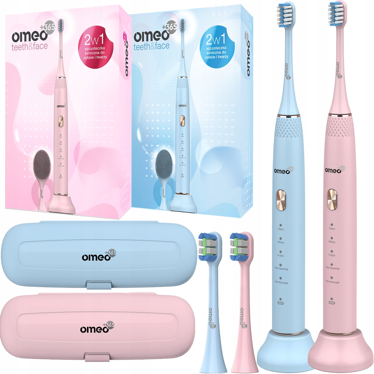 2x Sonic Toothbrush OMEO +365 Teeth&Face Blue and Pink