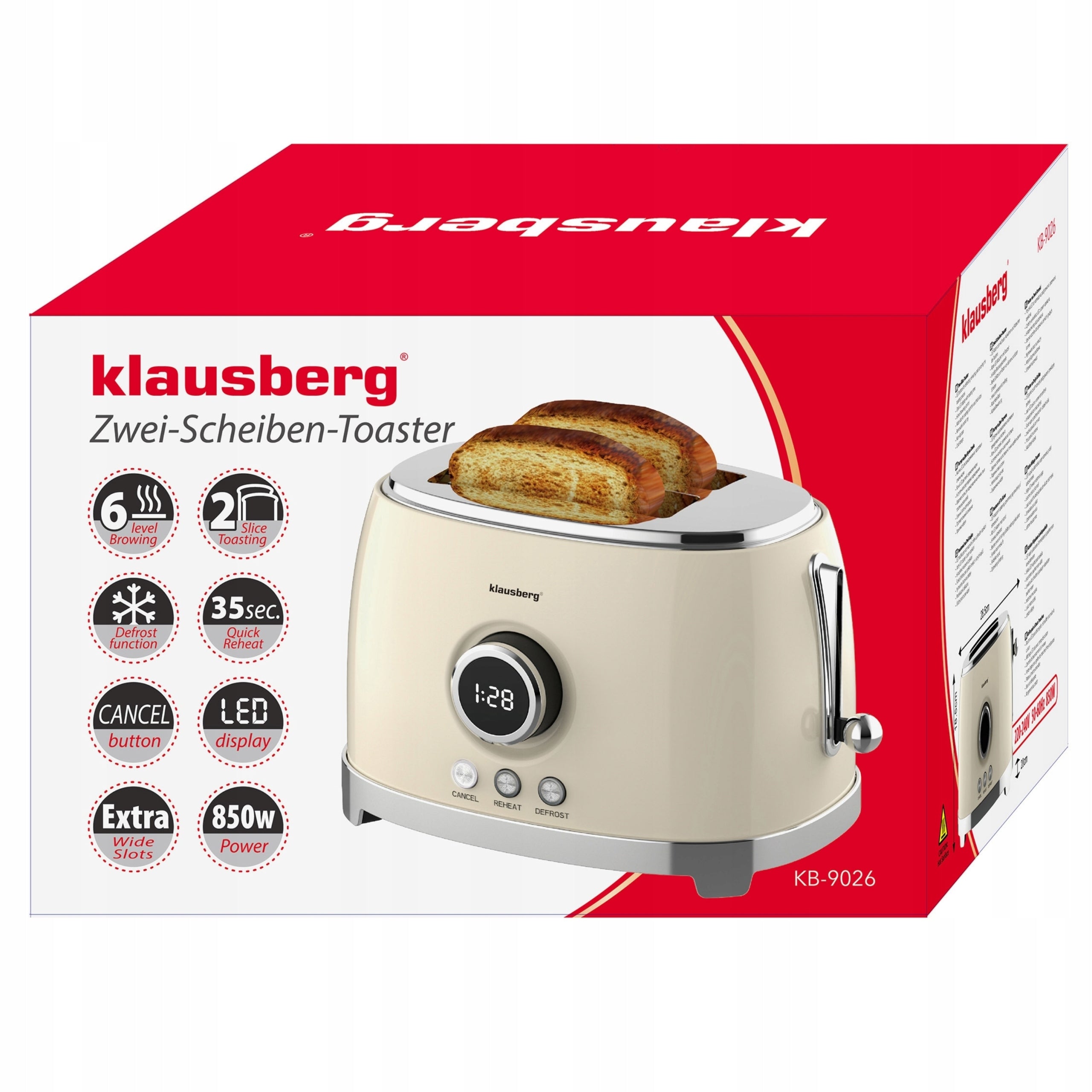 2x TOASTER FOR 2 SLICES LED DISPLAY KLAUSBERG KB-9026 RETRO Dominant color beige