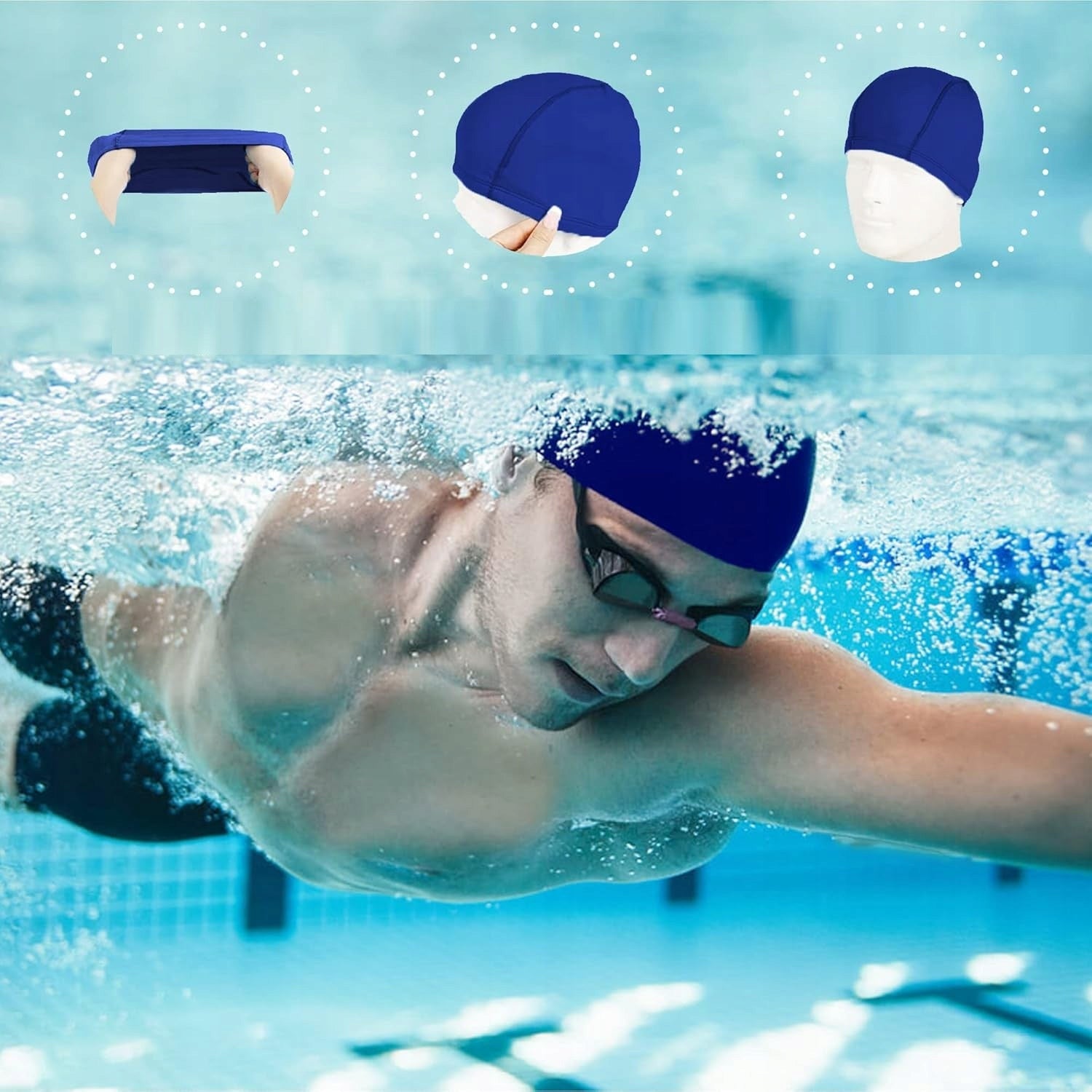 2x UNIVERSAL SWIMMING CAP FOR POOL BLUE MATERIAL LIGHTWEIGHT Manufacturer code H6D