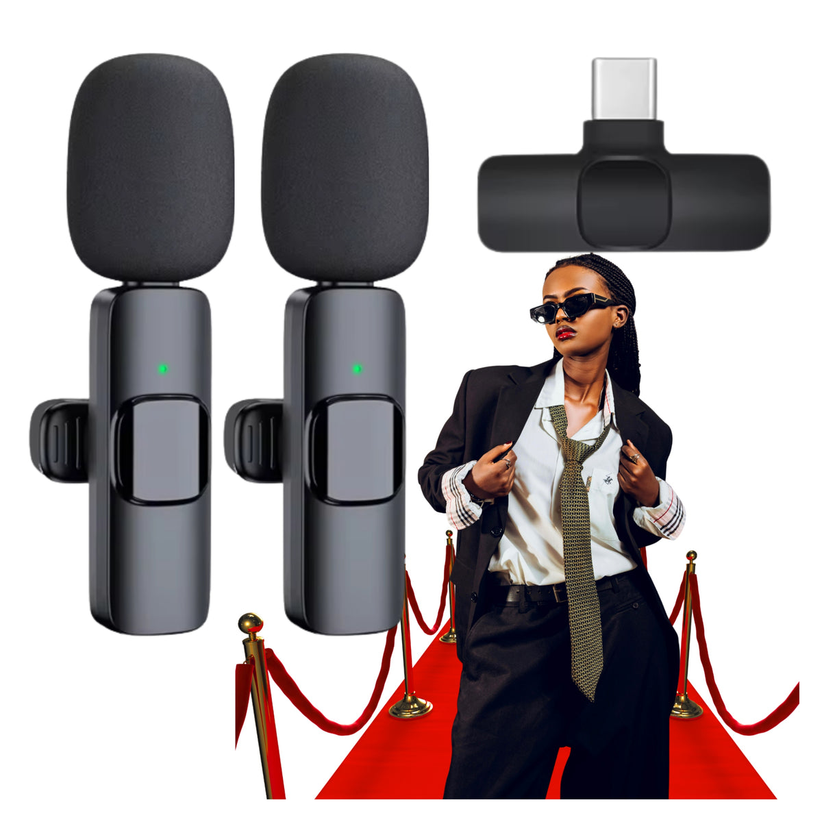 2x WIRELESS TIE MICROPHONE FOR IPHONE ANDROID USB-C ON CLIP