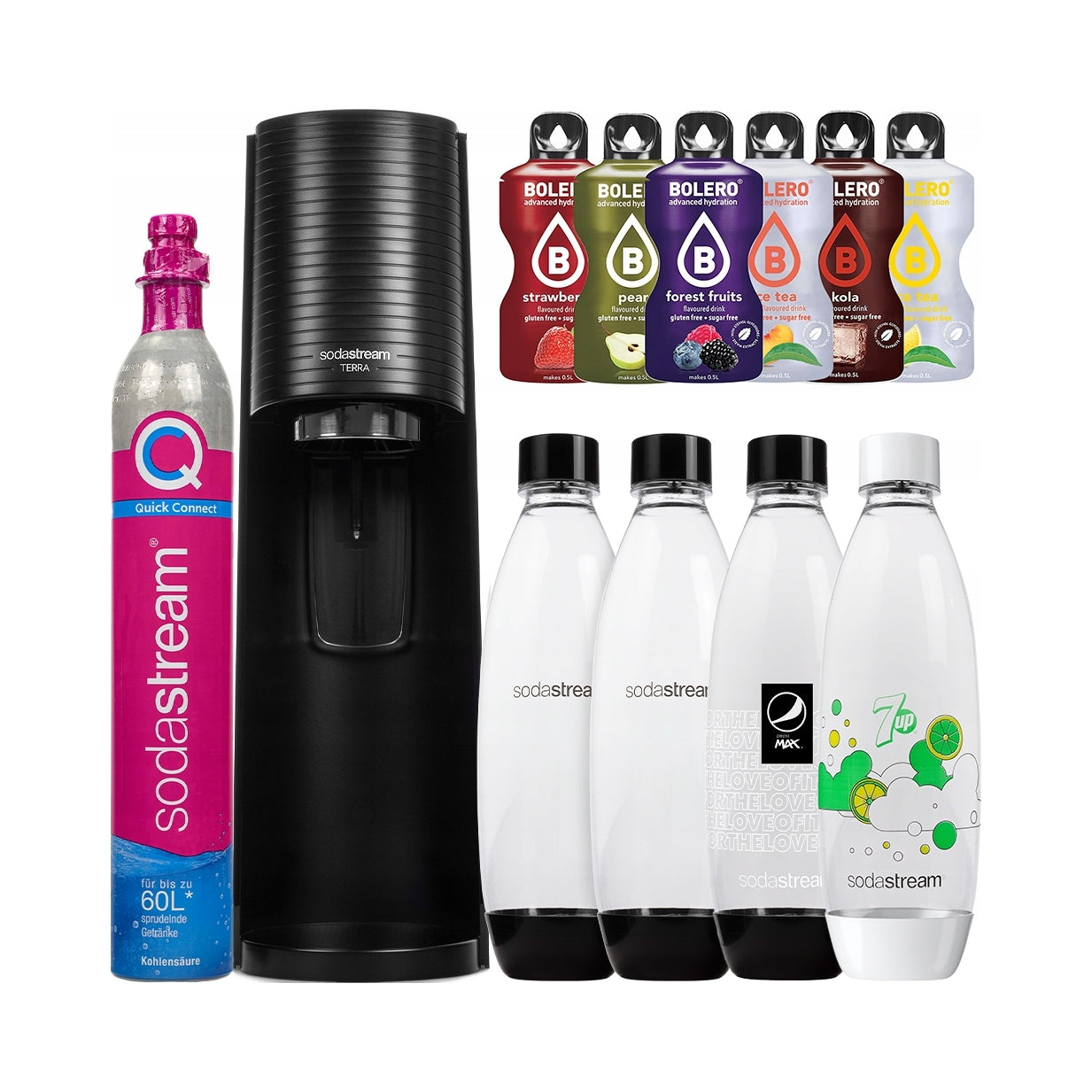 2x Water Set Saturator Sodastream Terra Black 4 Bottles 6x Drinks