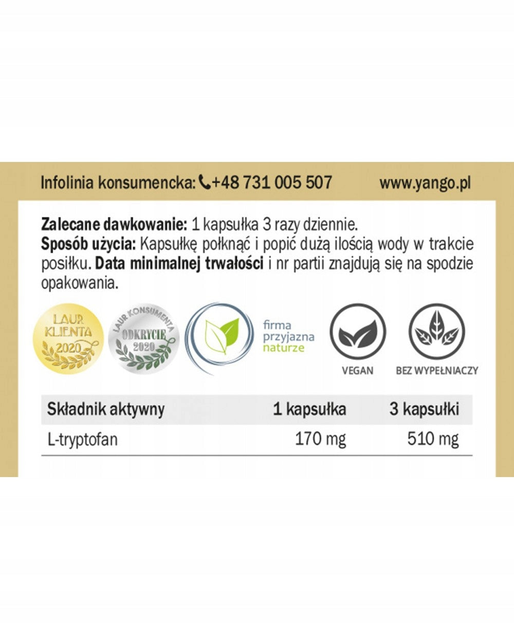 2x YANGO L-Tryptophan Amino Acid Serotonin and Melatonin Precursor 90 kaps. Medical device no