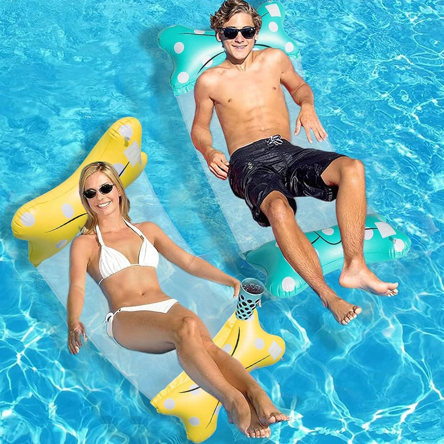 2xWATER HAMMOCK SWIMMING BED INFLATABLE WITH DOTS 140x70cm Color blue
