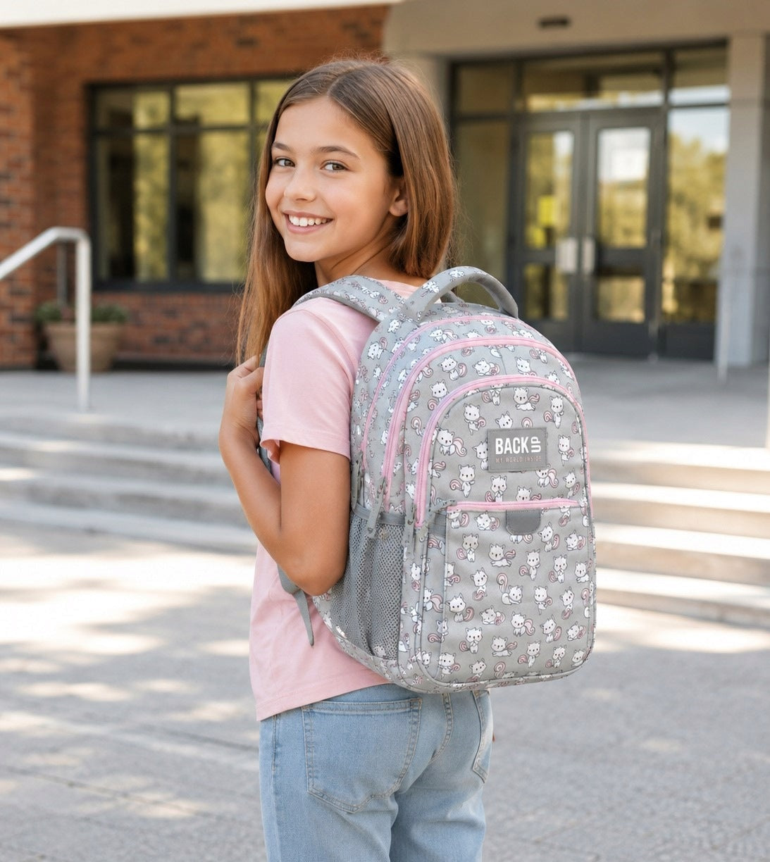 3-CHAMBER SCHOOL BACKPACK 24L DERFORM GREY PINK KITTENS Manufacturer code PLB6P26