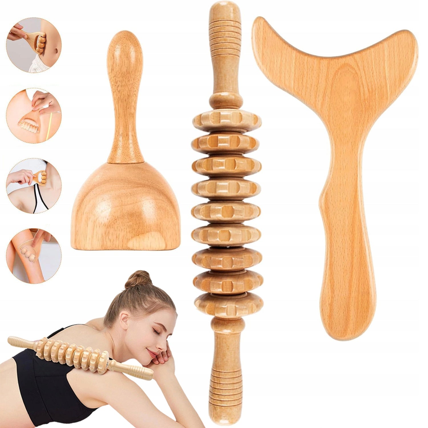 3 MASSAGE ROLLER WOODEN ROLLER BODY MASSAGES ANTI-CELLULITE PROFILED