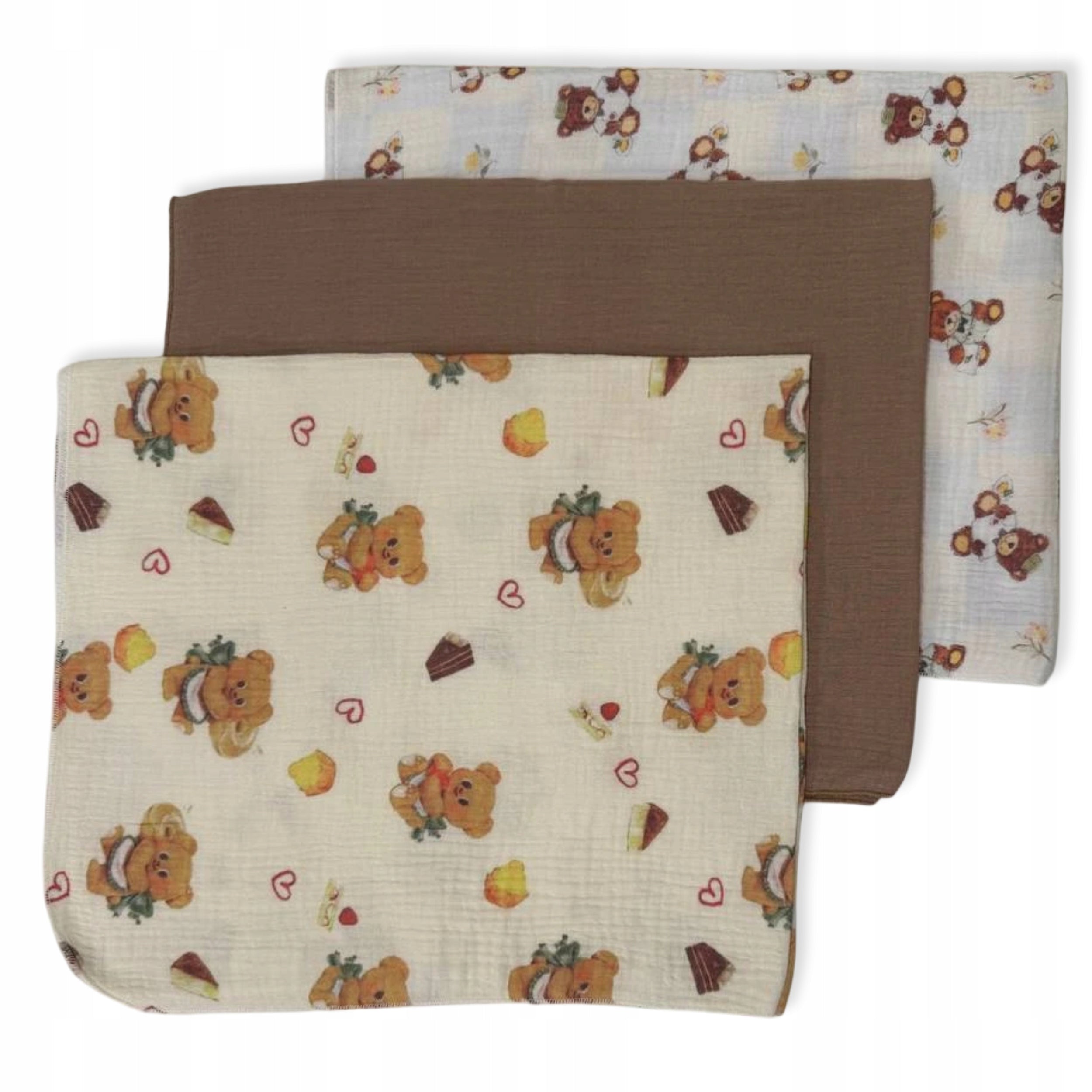 3-PACK MINI DIAPERS MUSLIN 38x38 Cloth BEAR HEARTS BROWN