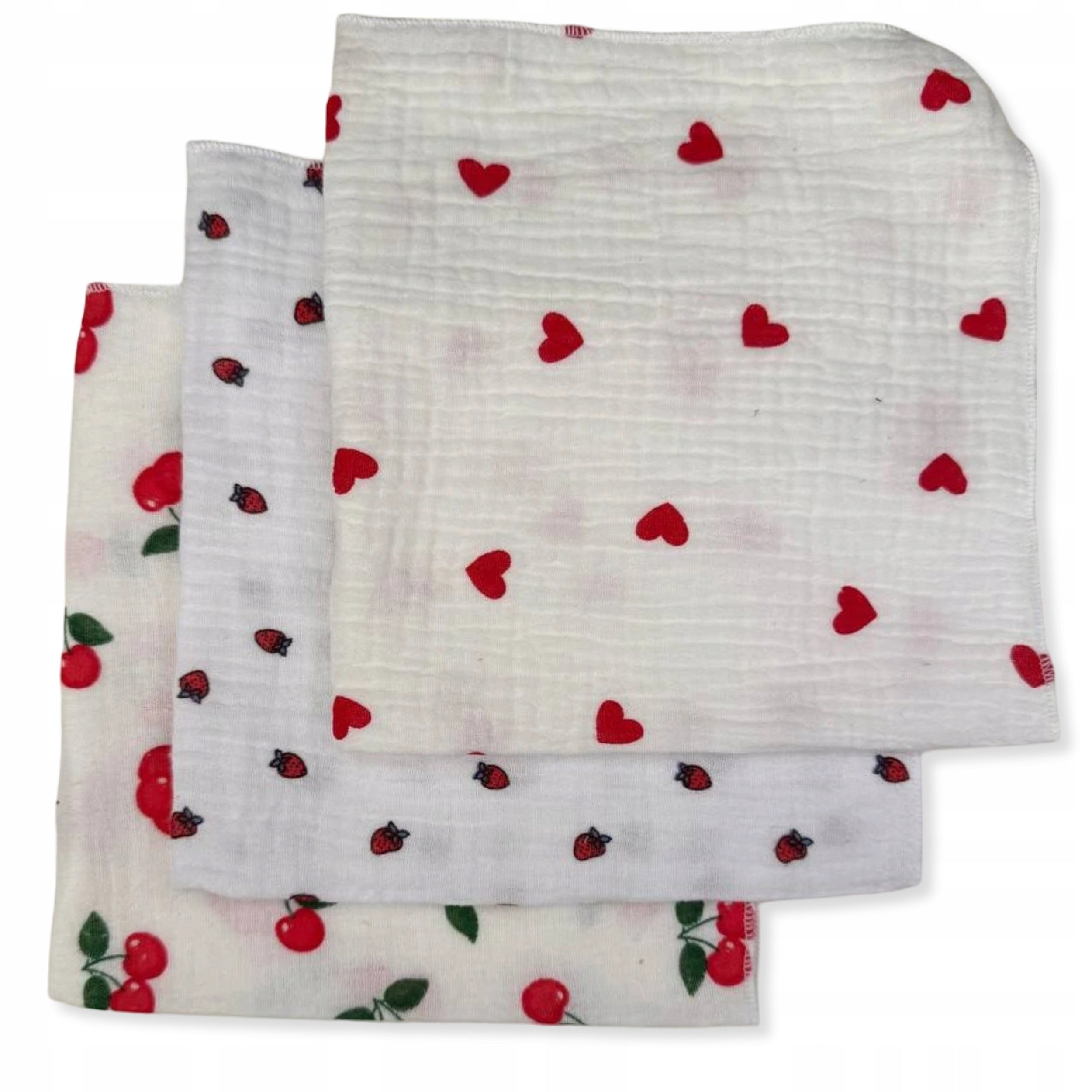 3-PACK MINI DIAPERS MUSLIN 38x38 ClothS CHERRIES HEART STRAWBERRIES