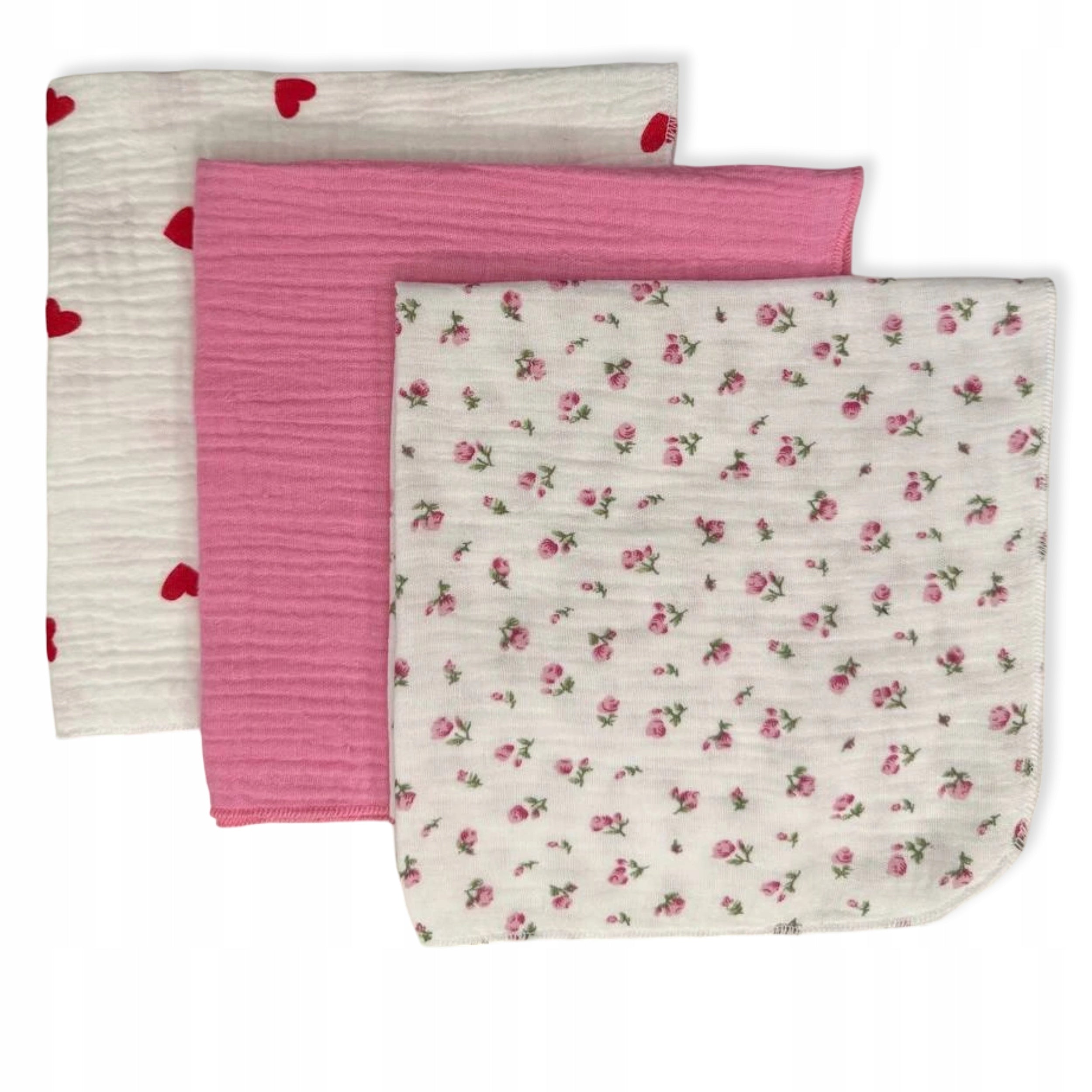 3-PACK MINI DIAPERS MUSLIN 38x38 Cloths ROSES, HEARTS, ROSES Packaging status original