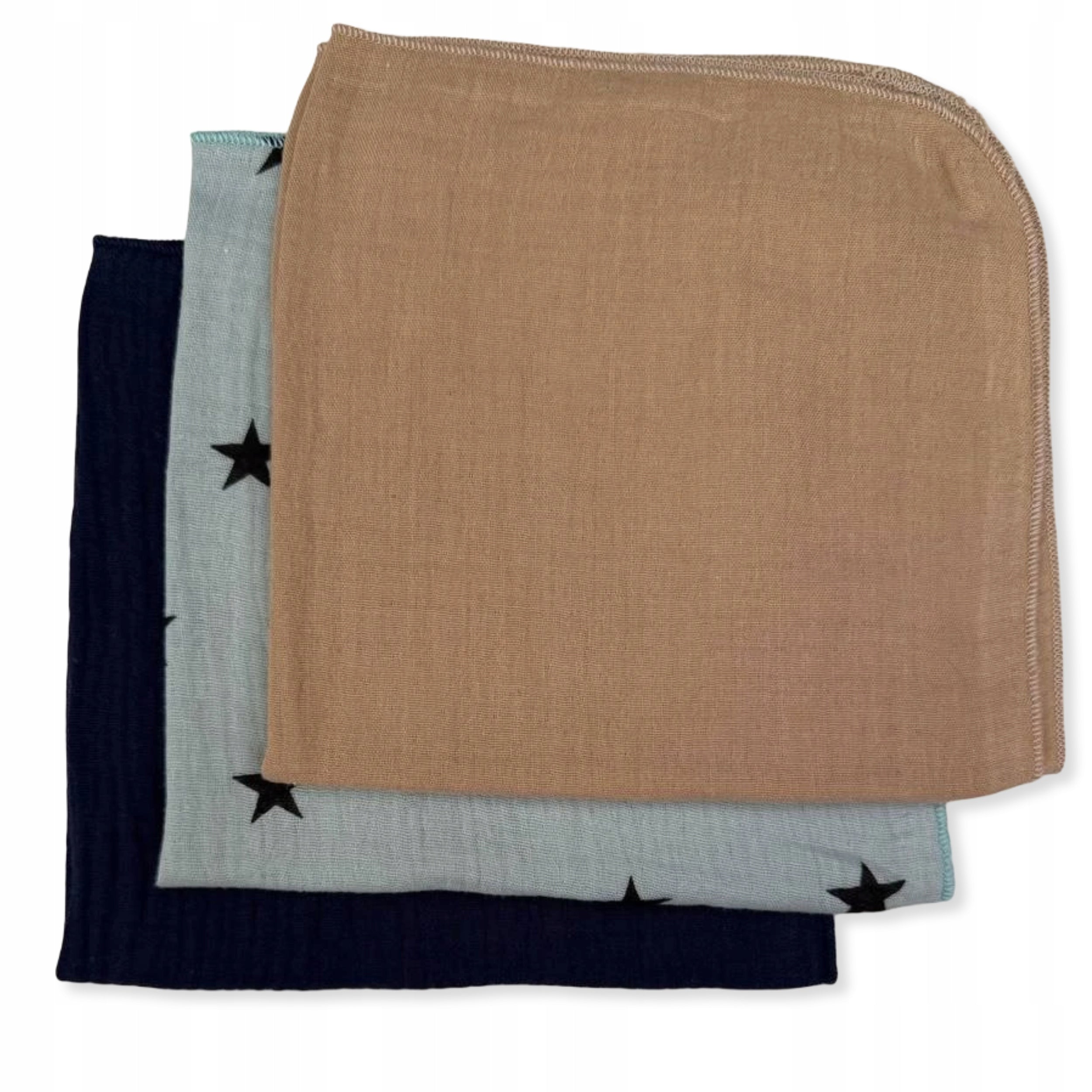 3-PACK MINI DIAPERS MUSLIN 38x38 cloths BEIGE, STAR, NAVY BLUE