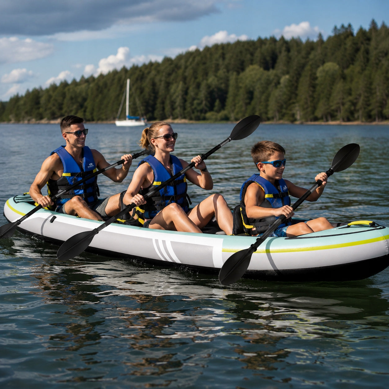 3-PERSON INFLATABLE KAYAK NEWCENTIAL 382 cm 230 kg PADDLE + PUMP + BACKPACK Manufacturer code kajak pompowany