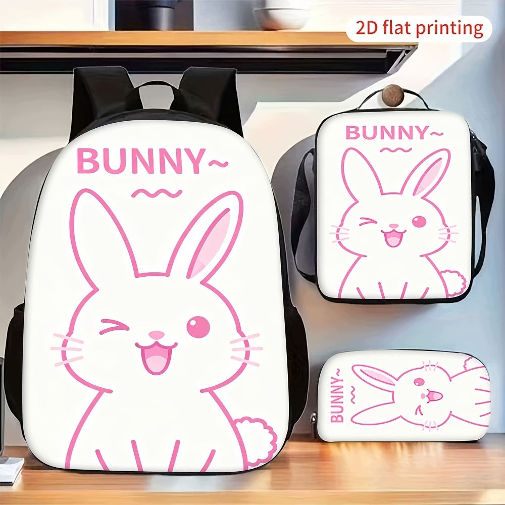 3-Pack Cute Winking Pink Bunny Print Backpack Set Crossbody Bag