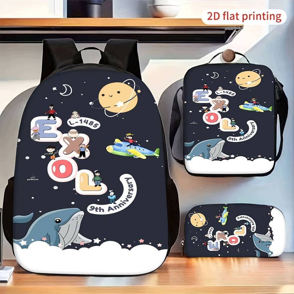 3-Pack Space Whale Planet Print Backpack Crossbody Bag Pencil Case