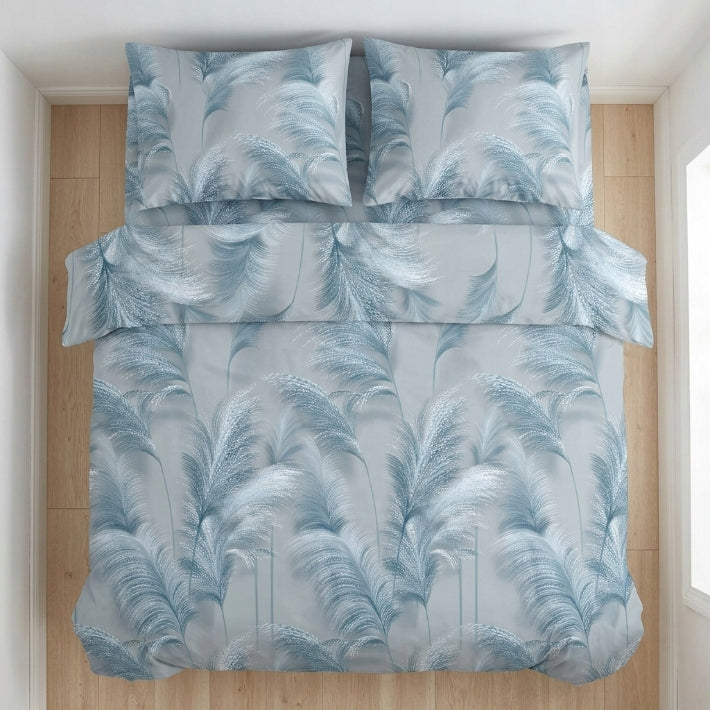 3 Pcs Blue Grey Feather Leaves Microfiber Bedding Set 160x200 Zipper Decor Brand Rui Bang