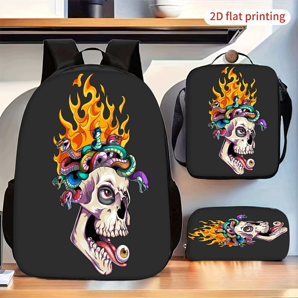 3-Piece Backpack Set: 2D Flat Print with Flame, Snake, and Skull Patterns