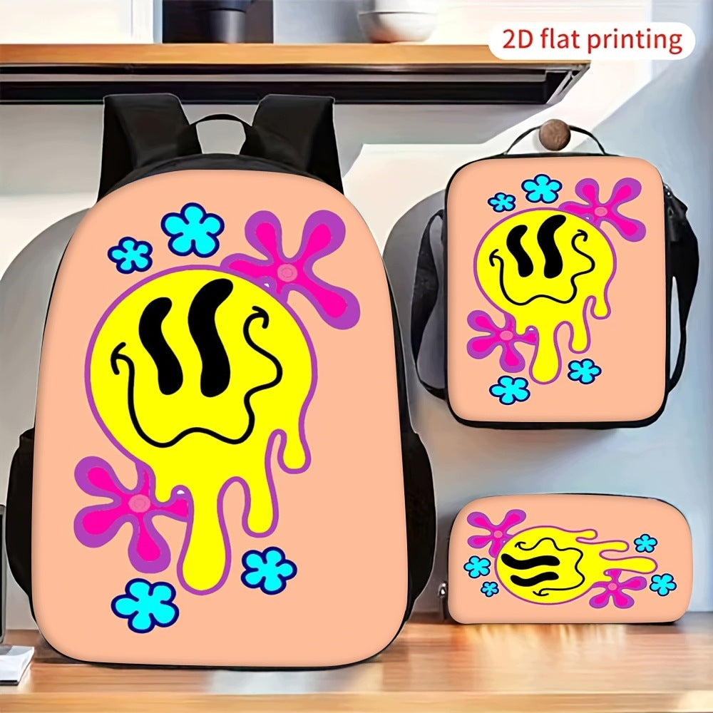 3-Piece Backpack Set - Abstract Melting Smiley Face & Flower Print (2D Flat)