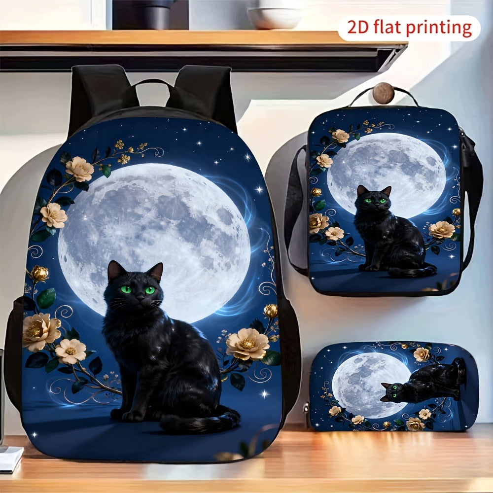 3-Piece Backpack Set - Black Cat, Full Moon, Floral Pattern Bag