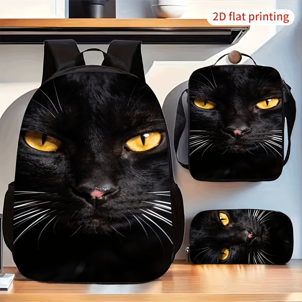 3-Piece Backpack Set: Black Cat with Yellow Eyes Print, Large Capacity Lunch Bag
