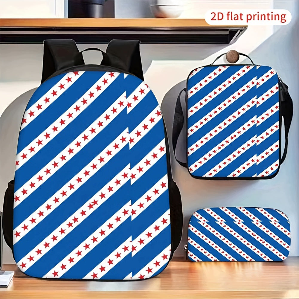 3-Piece Backpack Set - Blue with Diagonal Stripes and Red Star Print, Lightweight