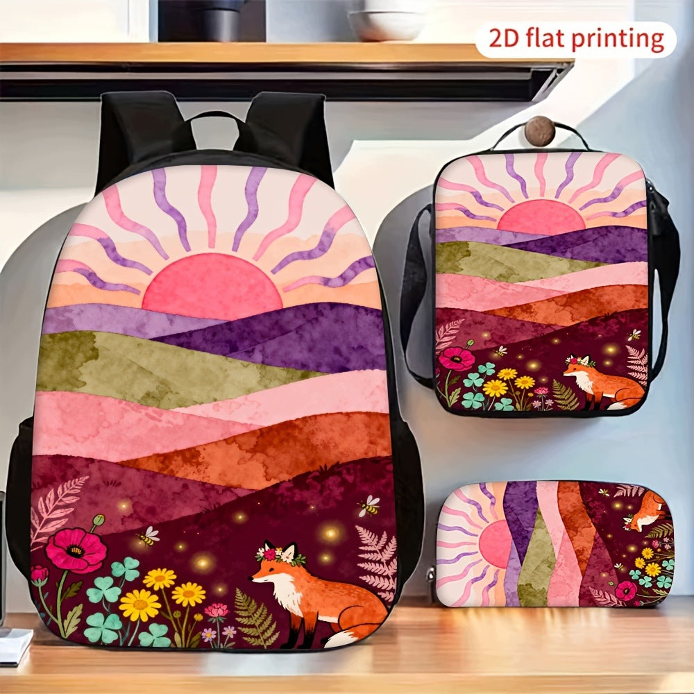3-Piece Backpack Set: Boho Sunset Mountain Fox Floral Pattern