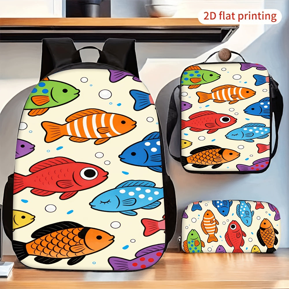 3-Piece Backpack Set: Cartoon Colorful Fish Print, Fashion Daily Backpack