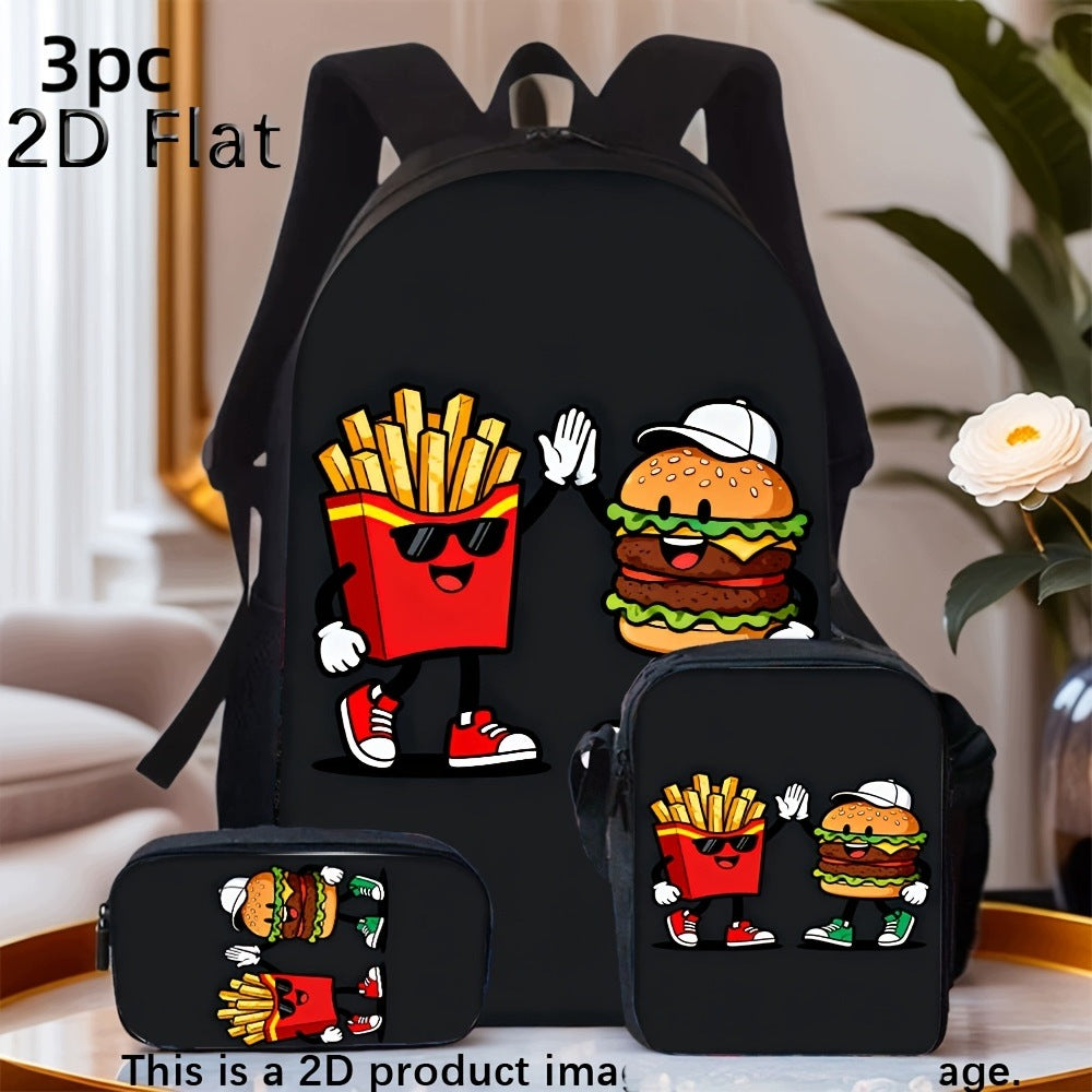 3-Piece Backpack Set: Cartoon Print, Lightweight, Adjustable Straps, Zipper Closure