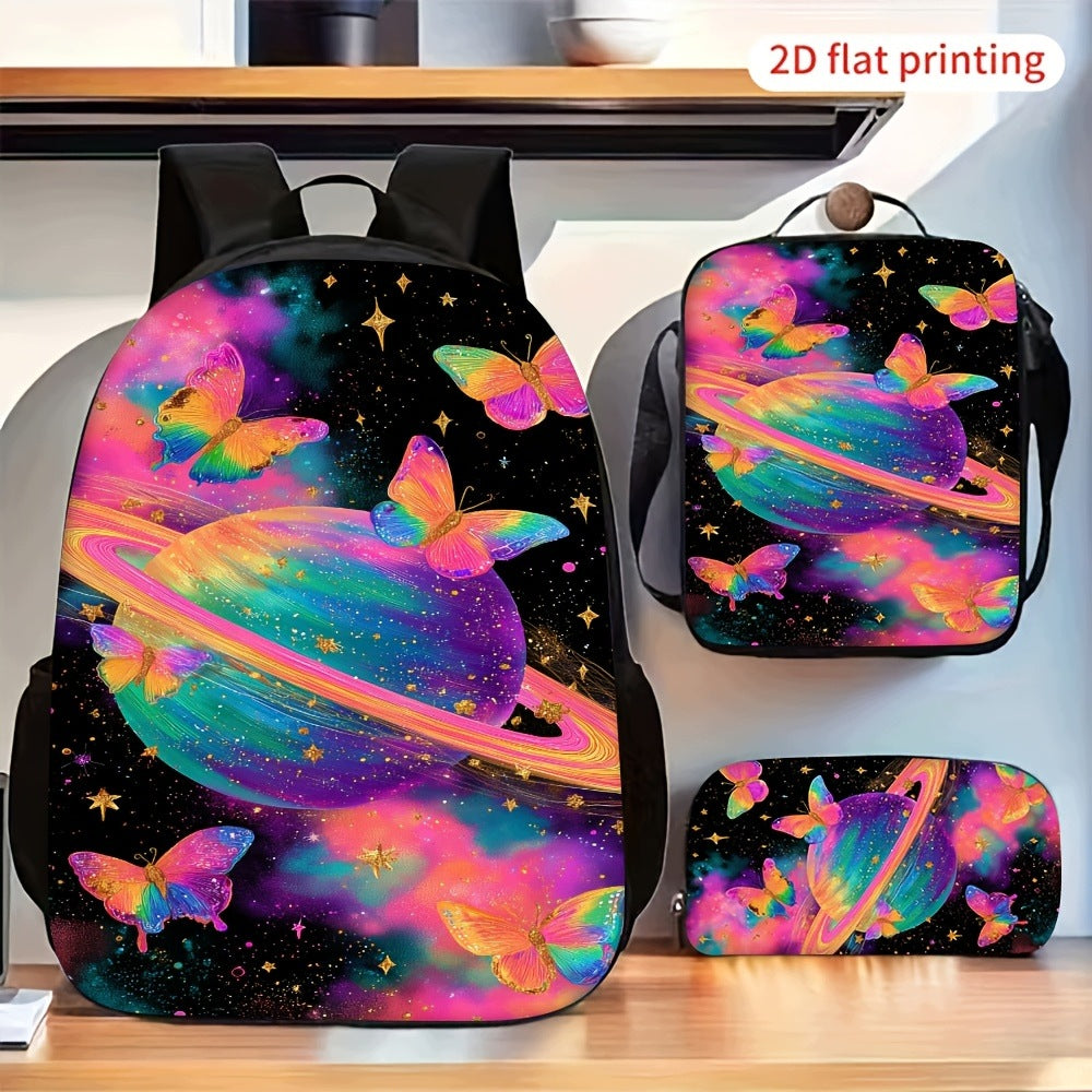3-Piece Backpack Set: Colorful Butterfly & Space Planet Crossbody Bag with Case