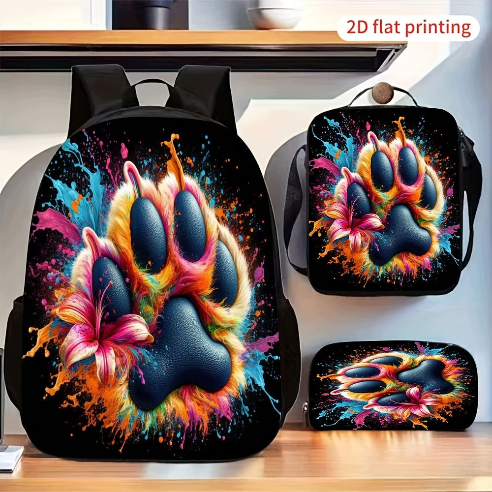 3-Piece Backpack Set: Colorful Paw Print & Lily Flower Design Shoulder Bag