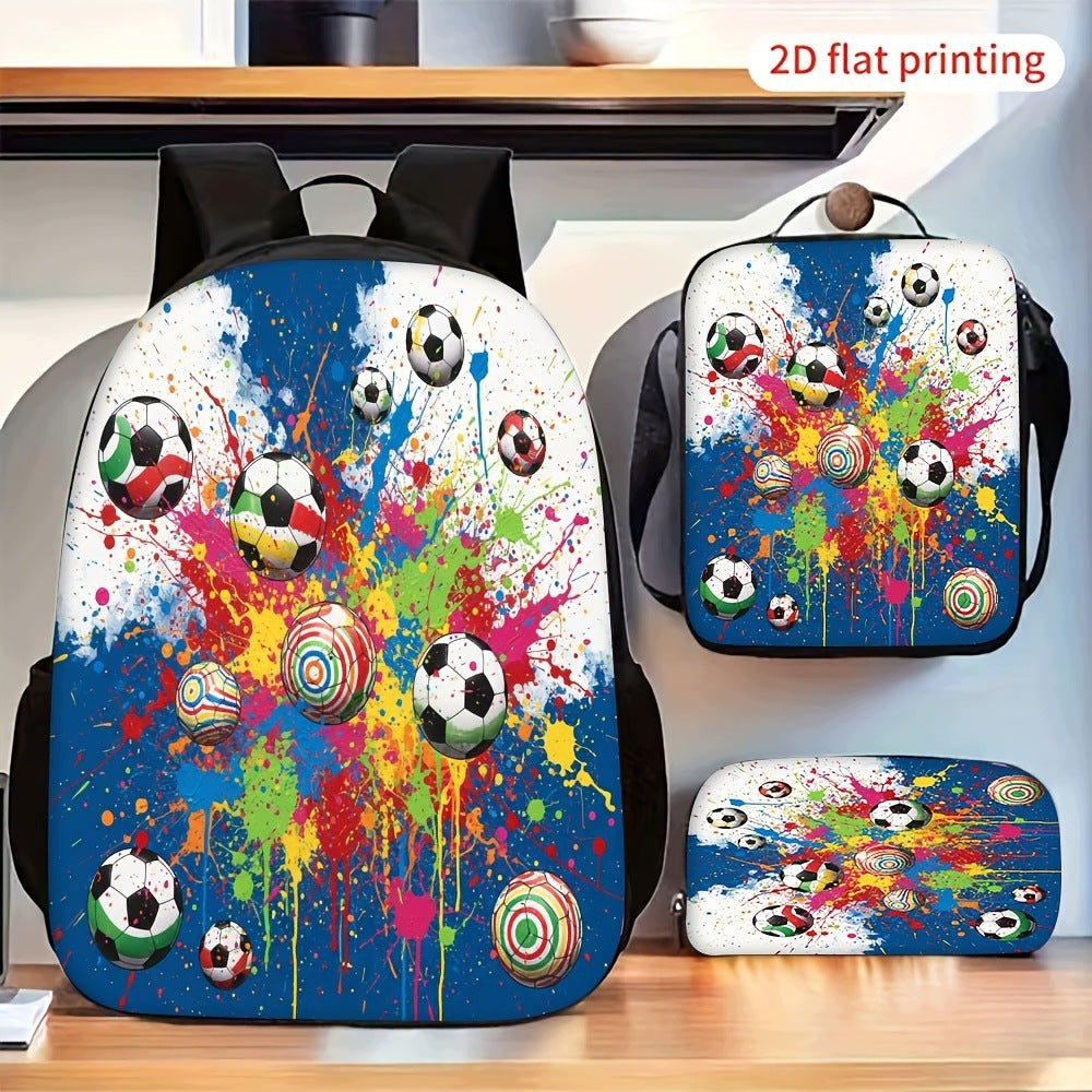 3-Piece Backpack Set: Colorful Splash Ink Soccer Pattern, Cool Football Graphic