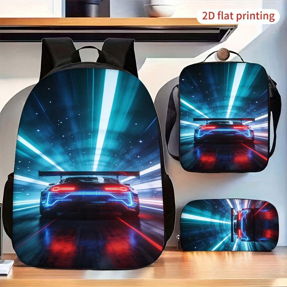 3-Piece Backpack Set: Cool Neon Speed Sports Car Print Combo