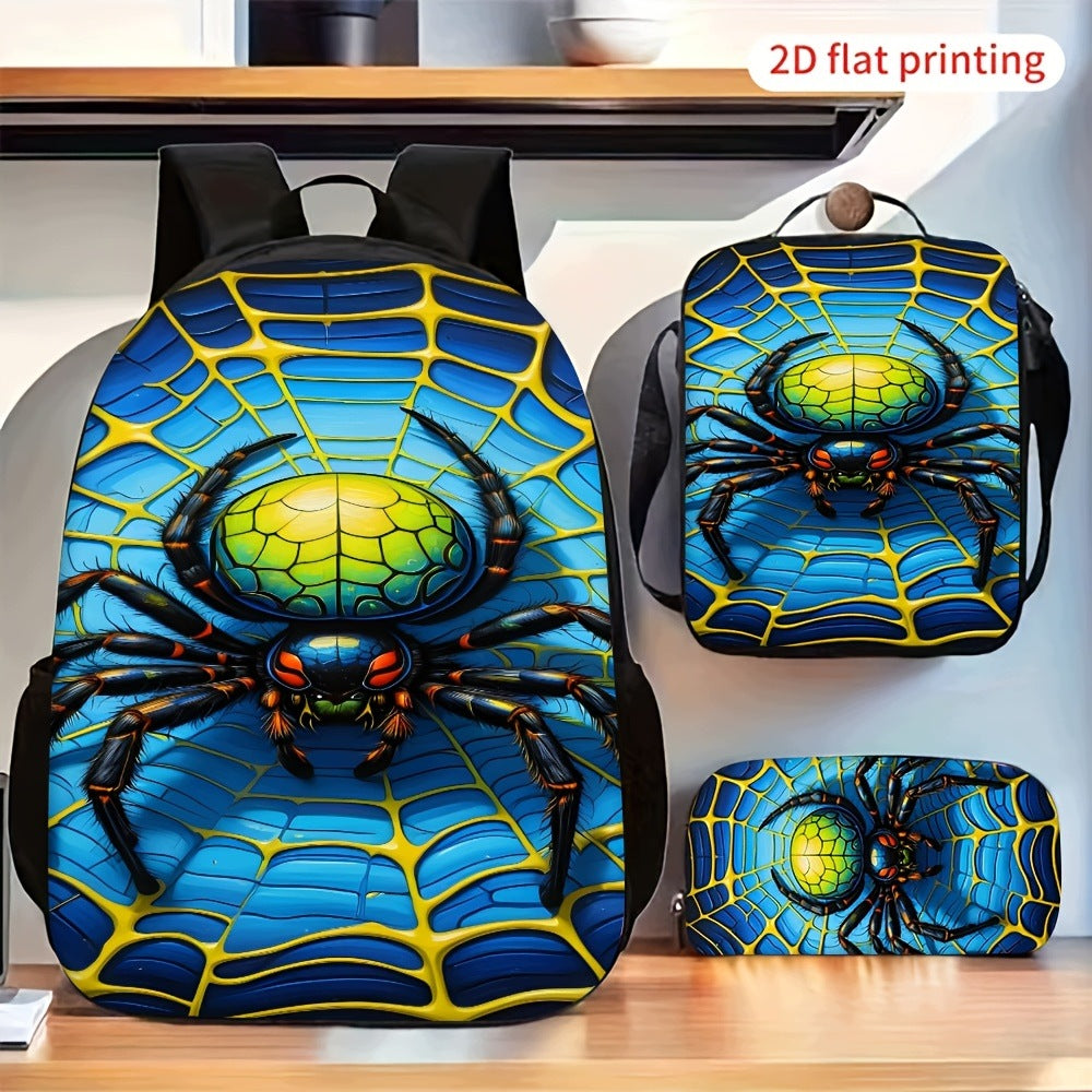 3-Piece Backpack Set: Cool Spider Web Print, Fashionable, Casual, Printed