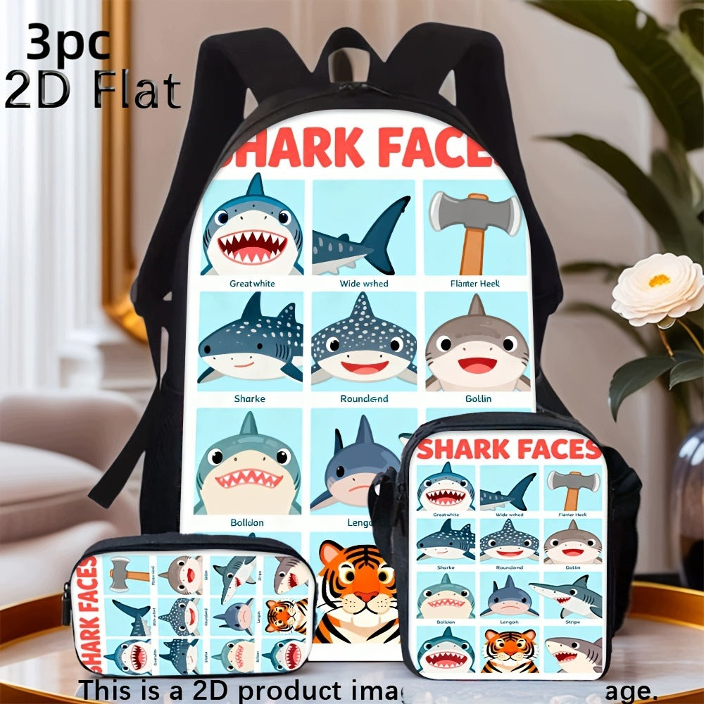 3-Piece Backpack Set: Cute Cartoon Shark Face Graphic Print, Fashionable Large Backpack