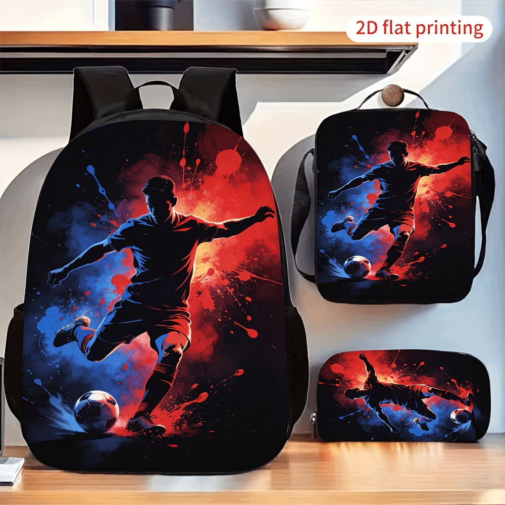 3-Piece Backpack Set: Football Player, Red Ink Splash Print, Large Capacity