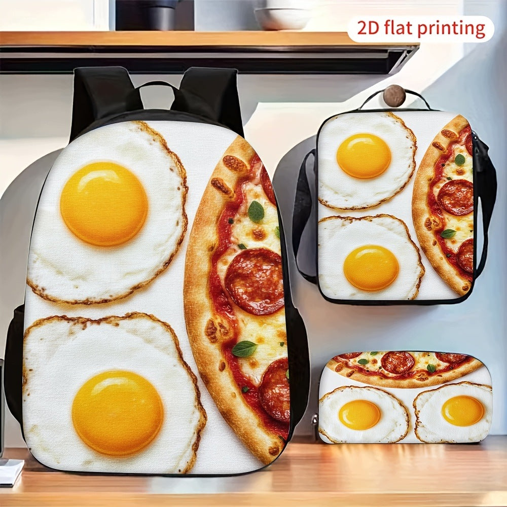 3-Piece Backpack Set: Fried Egg & Pizza Food Print, Casual Daily Use