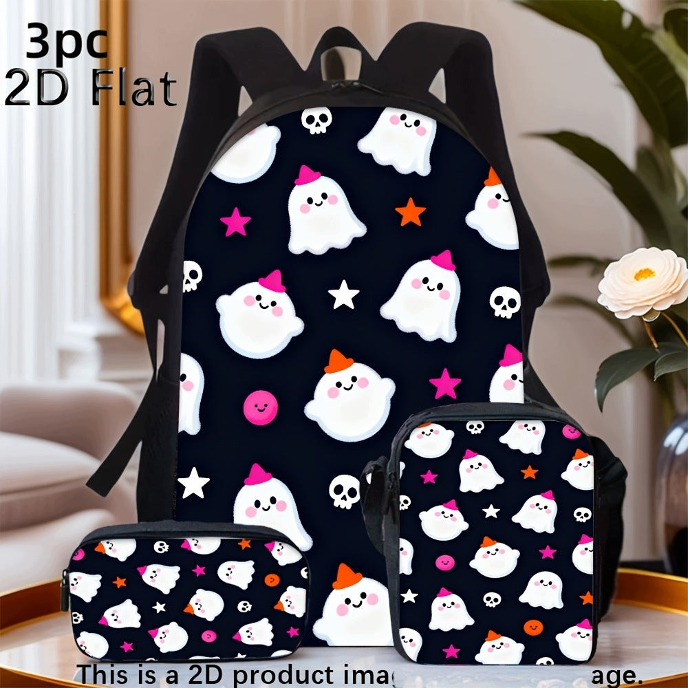 3-Piece Backpack Set: Halloween Cute Ghost, Star, Skull Print - Fashionable Large Bag