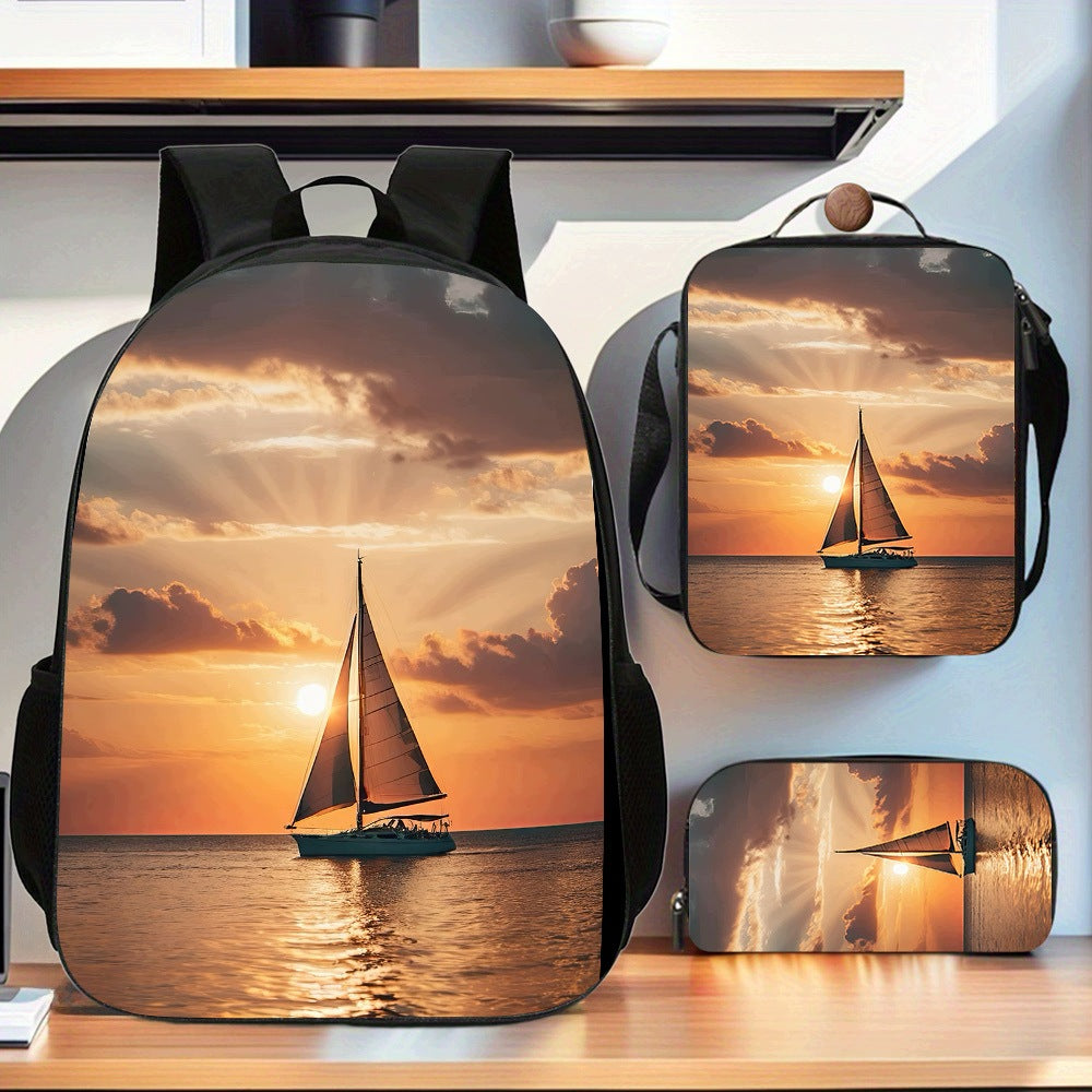 3-Piece Backpack Set: Large Capacity, Computer Compartment, Pencil Case, Crossbody Bag with Printing